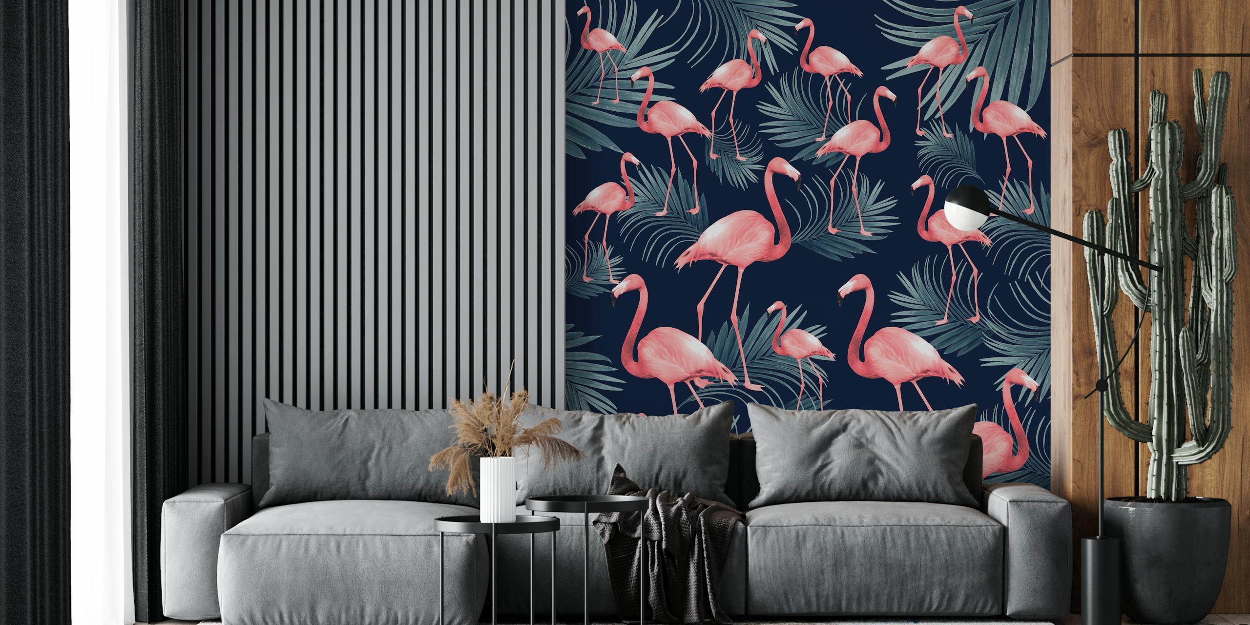 Tropical scene with pink flamingos and palm leaves on dark background wallpaper