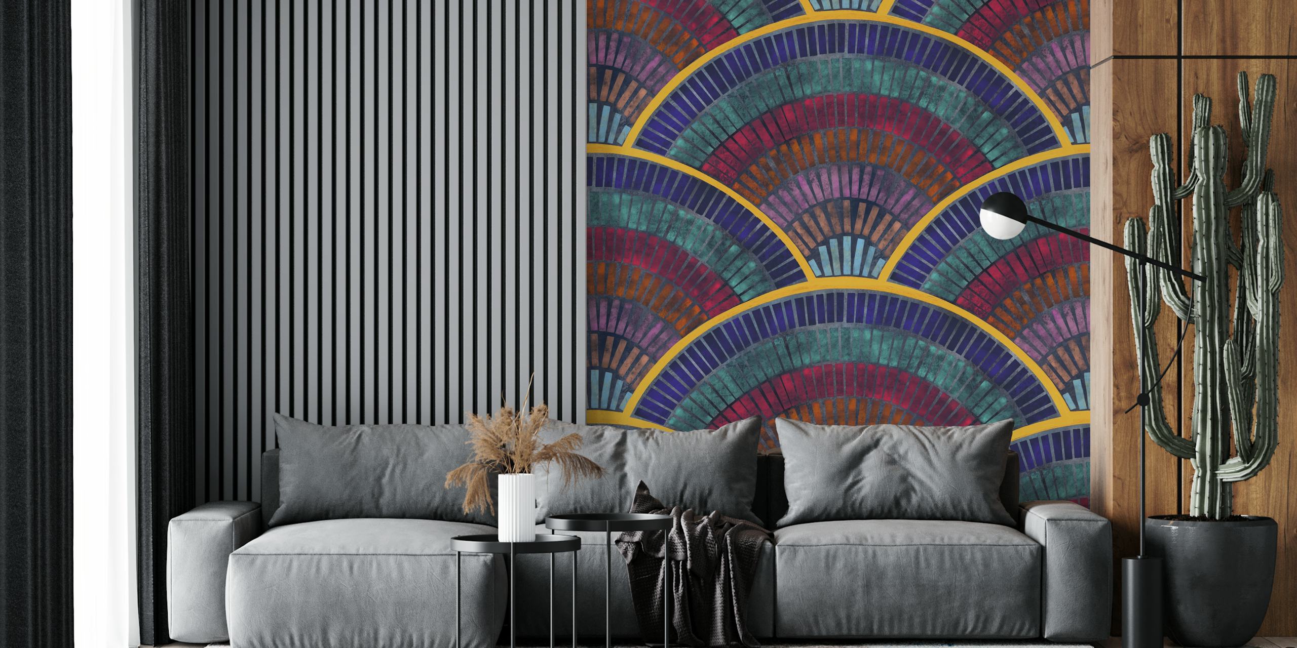 Geometric pattern in jewel tones: purple, teal, and gold wallpaper