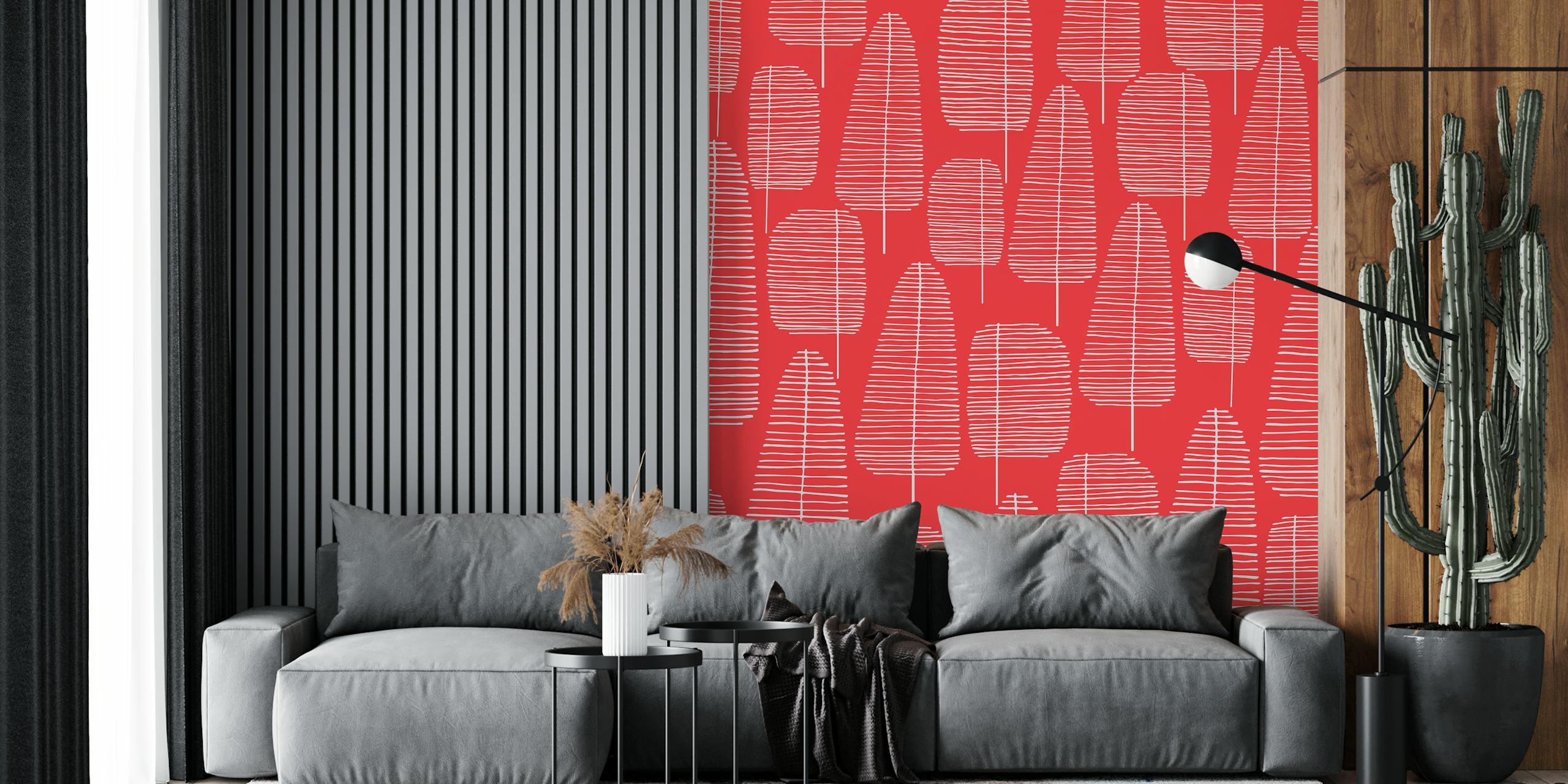 Fototapete „Mid Century Trees Red 2“ mit abstrakten Baumformen in roter Farbe