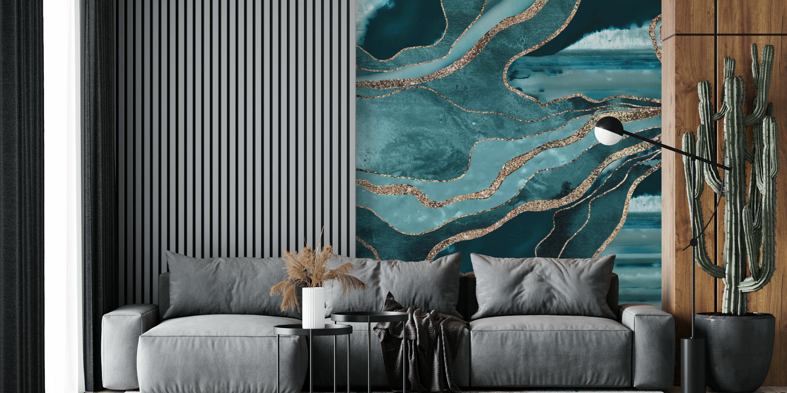 Tapeta Teal Blue Marble Agate Gold v pokoji