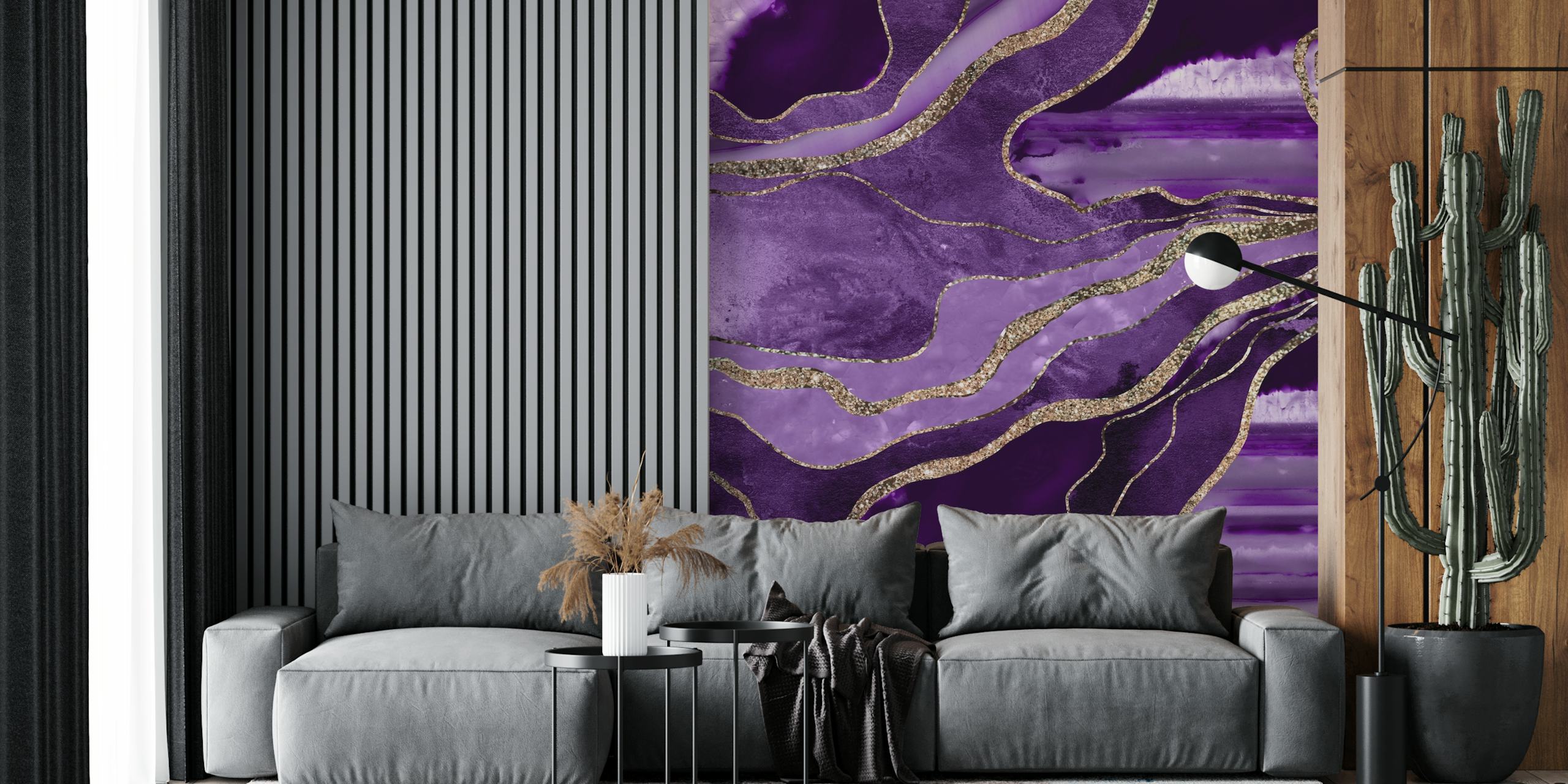 Purple swirling marble with gold accents wallpaper