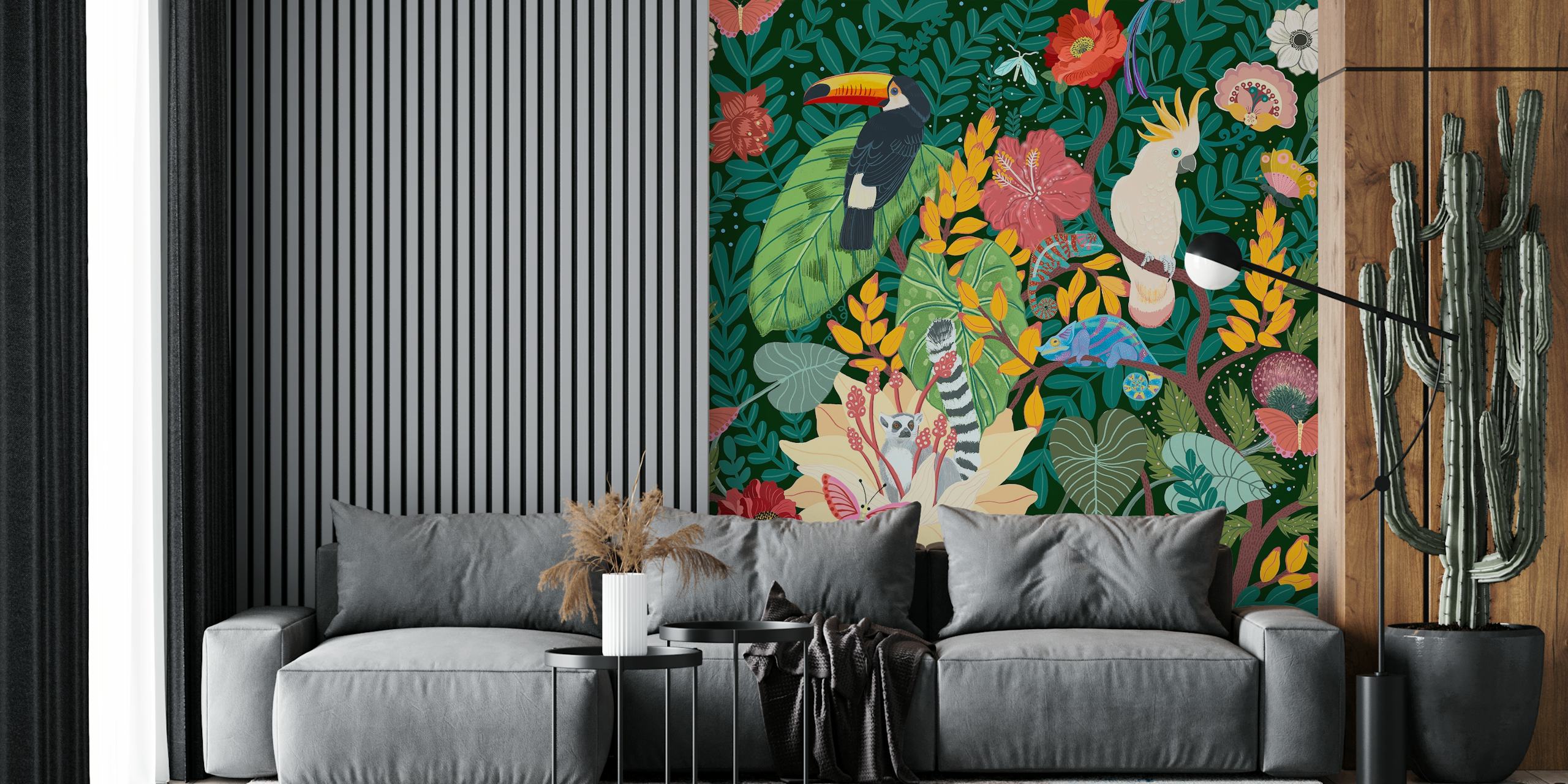 Tropical jungle scene with toucan, parrot, and flowers wallpaper