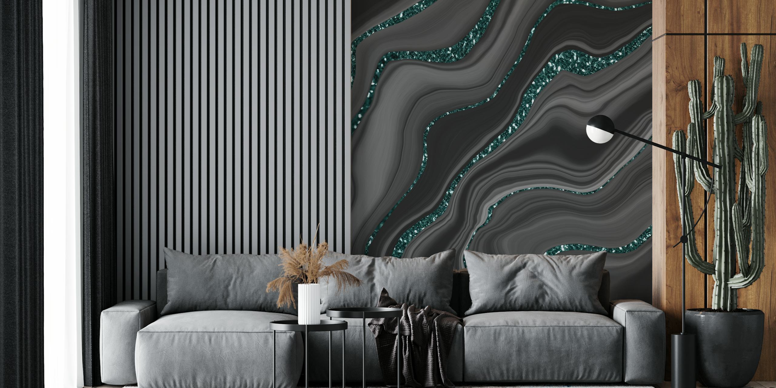 Abstract Liquid Black Gray Agate wall mural with teal highlights
