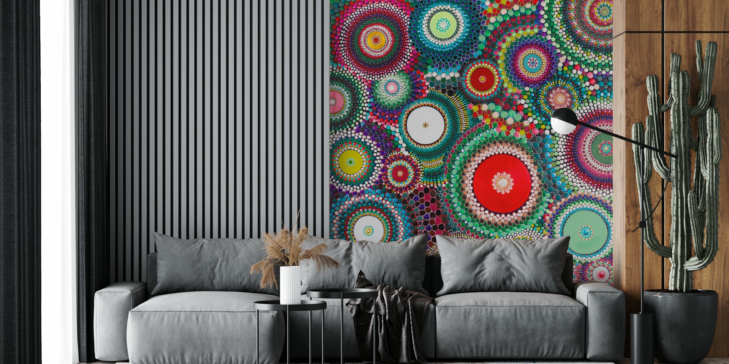 Colorful abstract wall mural design featuring vibrant patterns inspired by Pohutukawa tree blossoms