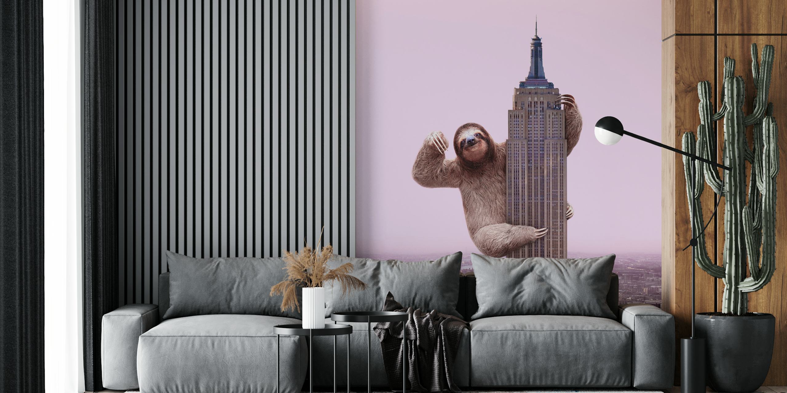 King Sloth wall mural with a sloth perched on a skyscraper