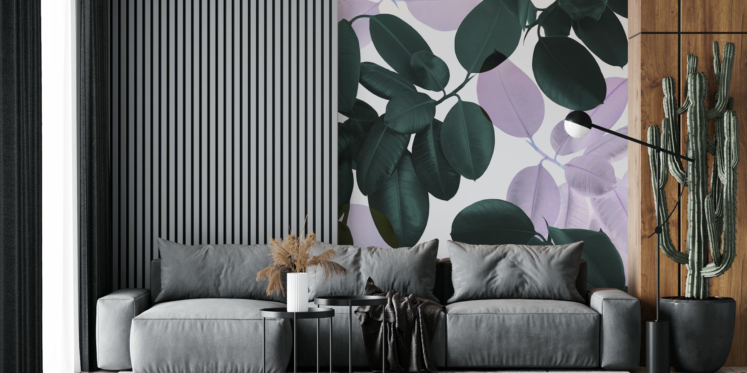 Stylish wall mural with green ficus leaves against a soft purple background