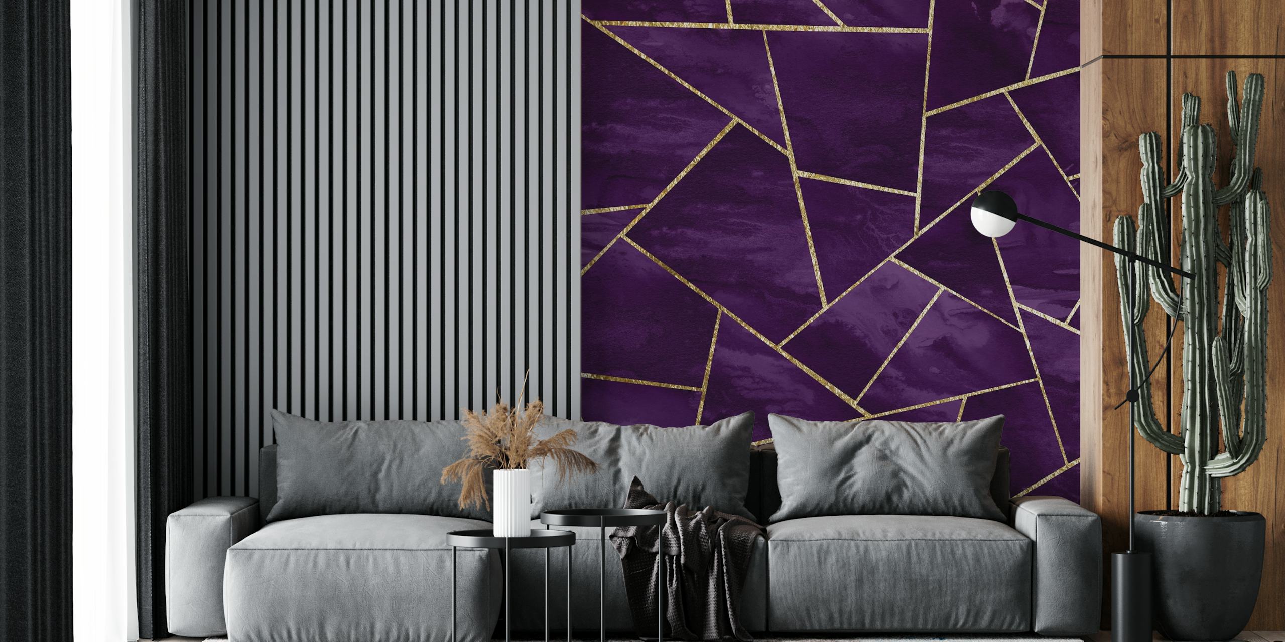Dark purple geometric shapes with gold accents wallpaper