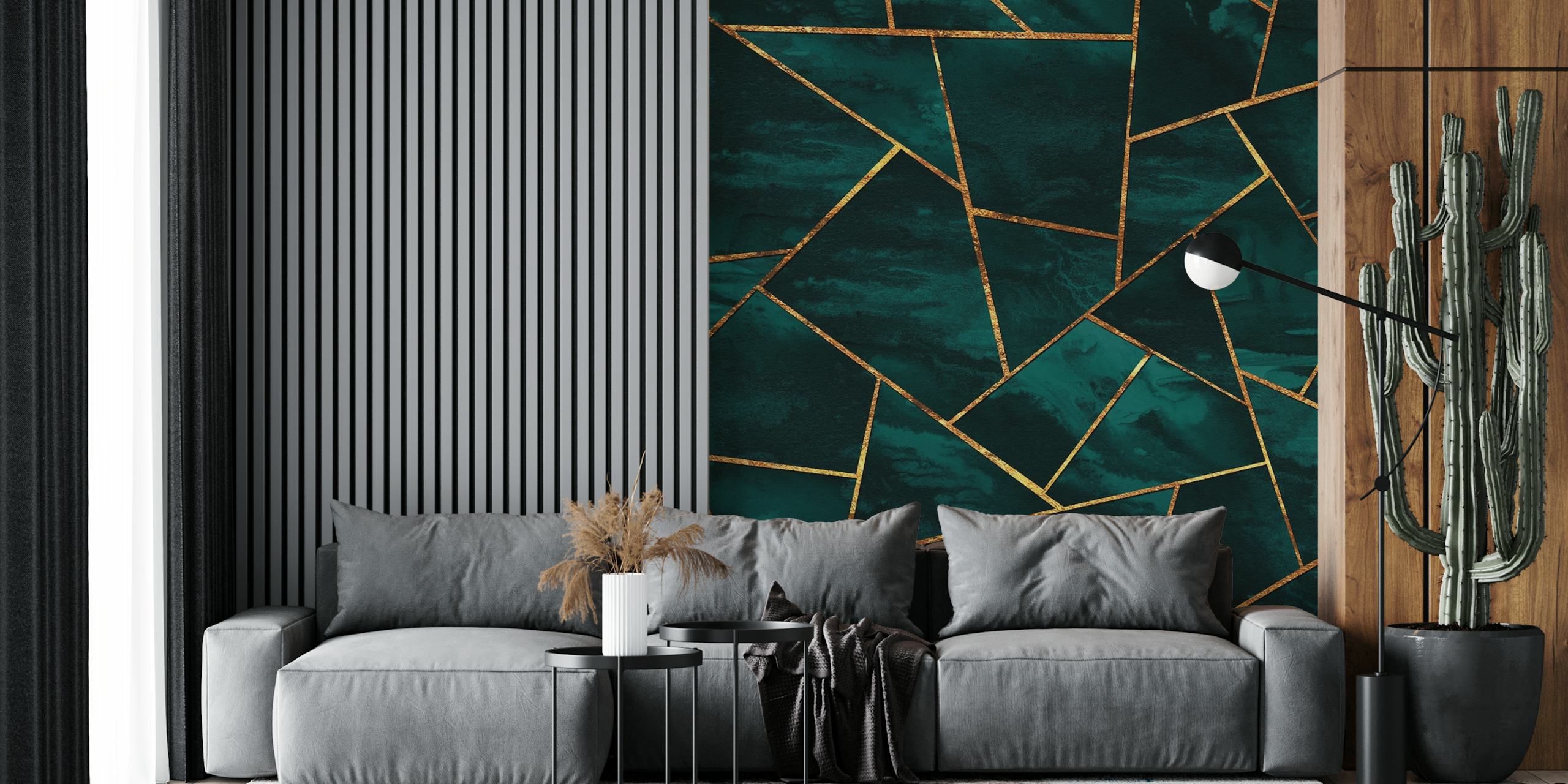 Teal geometric pattern with gold accents wallpaper