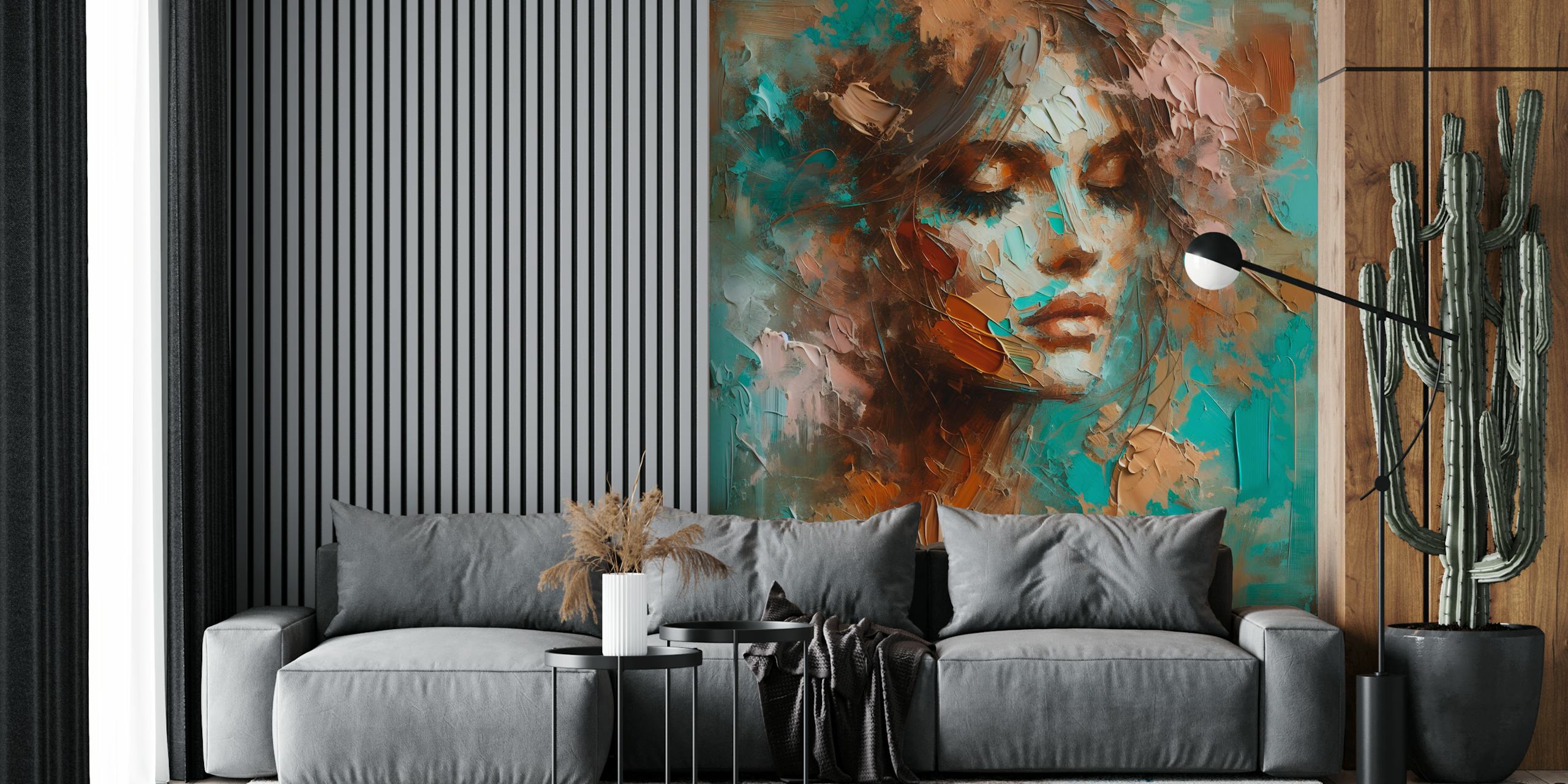 Abstract portrait in turquoise and brown shades wallpaper