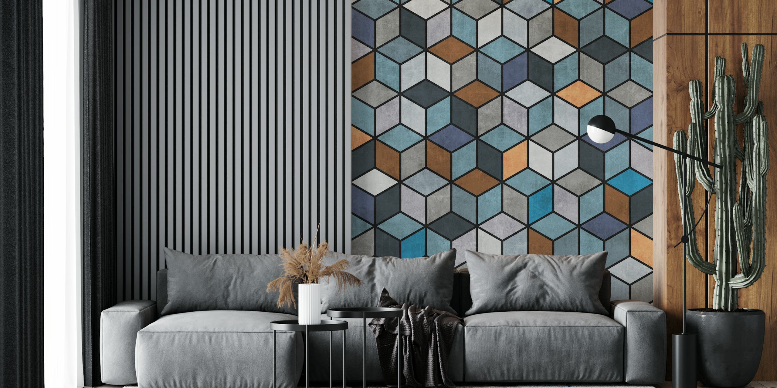 Colorful concrete cubes wallpaper in a room