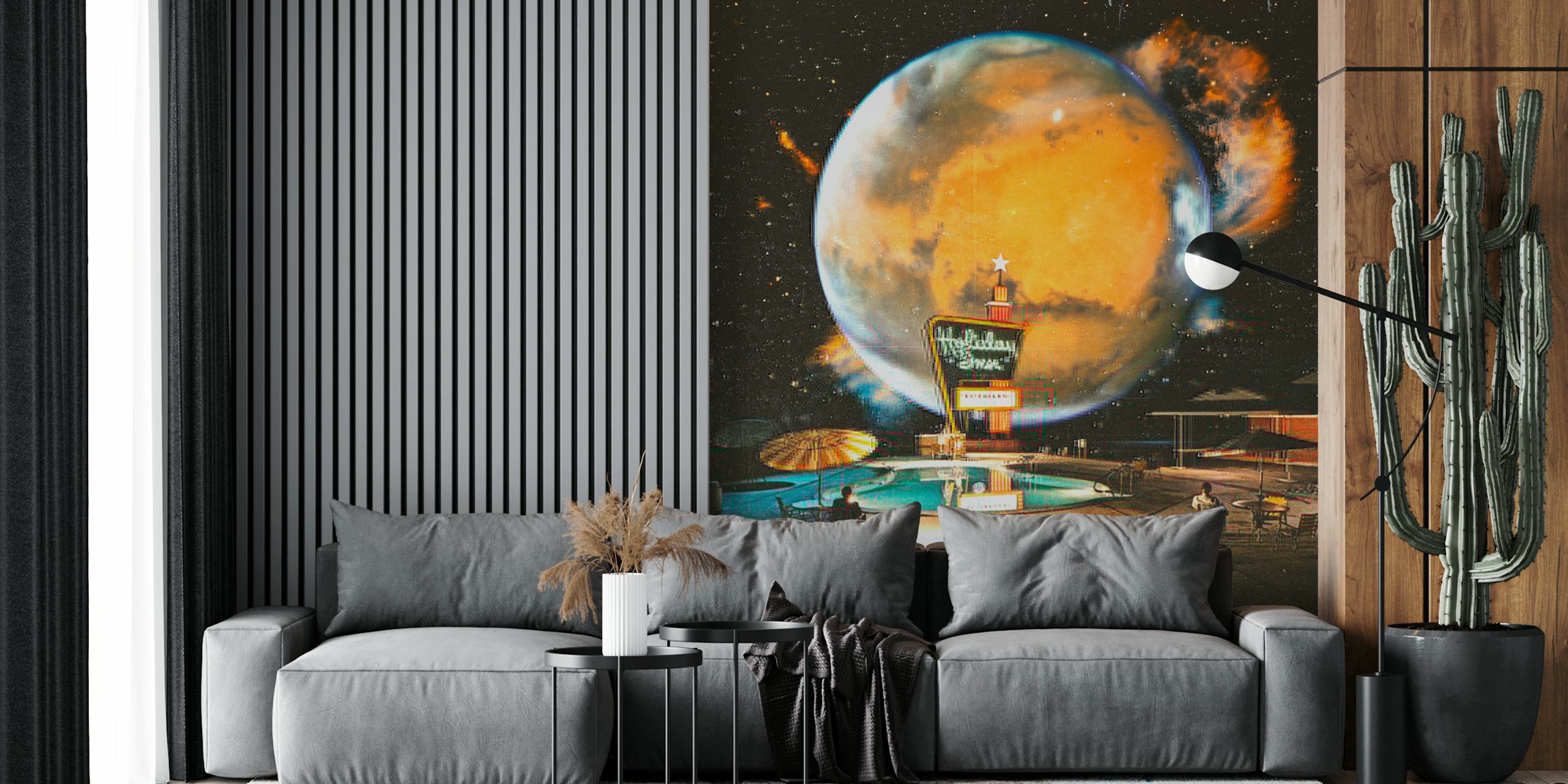 Celestial vintage poolside scene with orange planet wallpaper