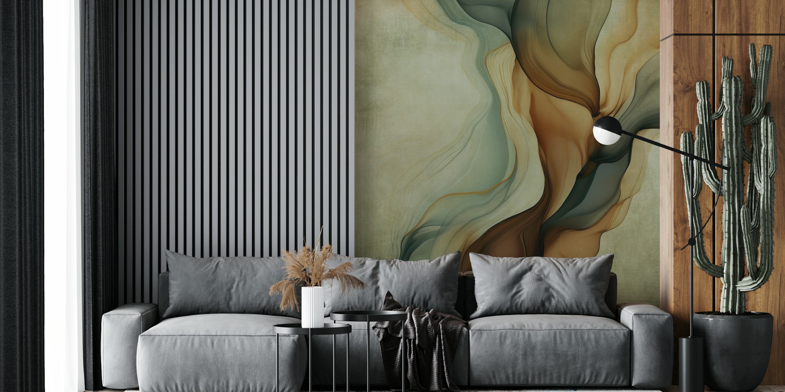 Abstract flowing shapes in brown and blue tones wallpaper