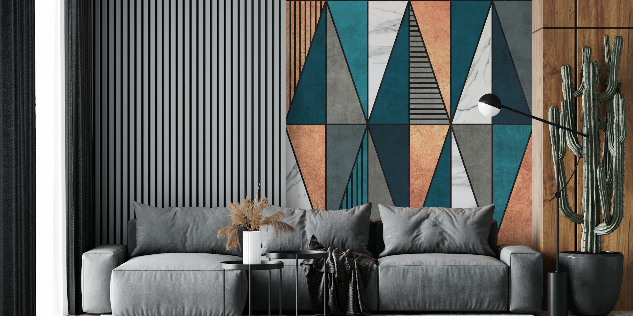 Geometric copper and blue triangles pattern wallpaper