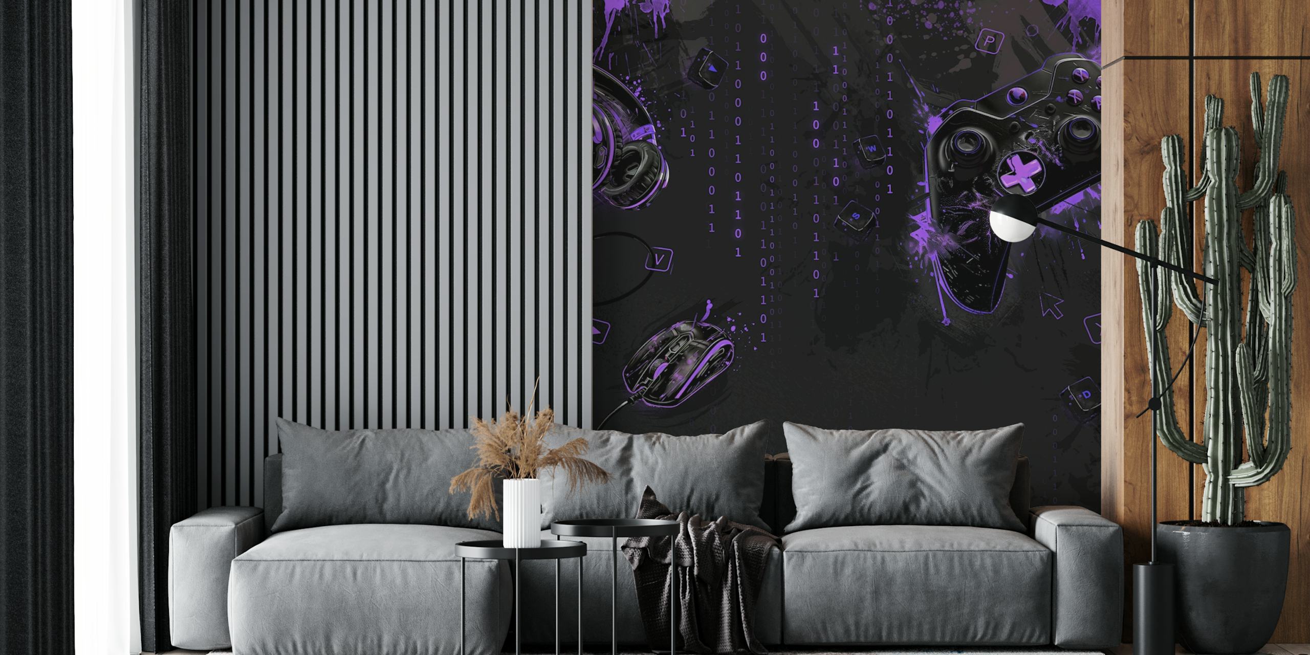 Gaming gear including a controller, mouse, and headset on a violet and black background wallpaper