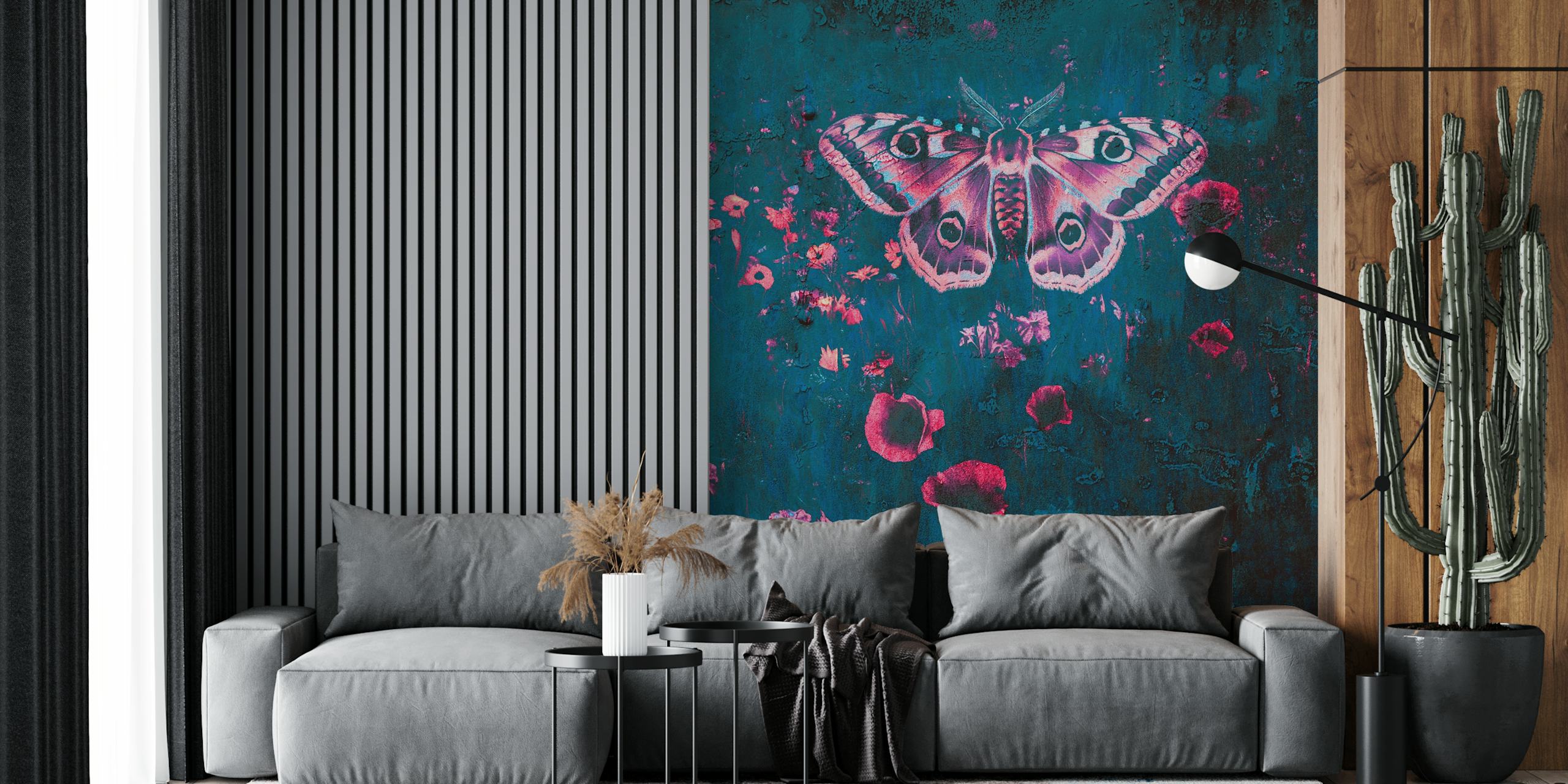 Colorful butterfly with flowers on teal background wallpaper