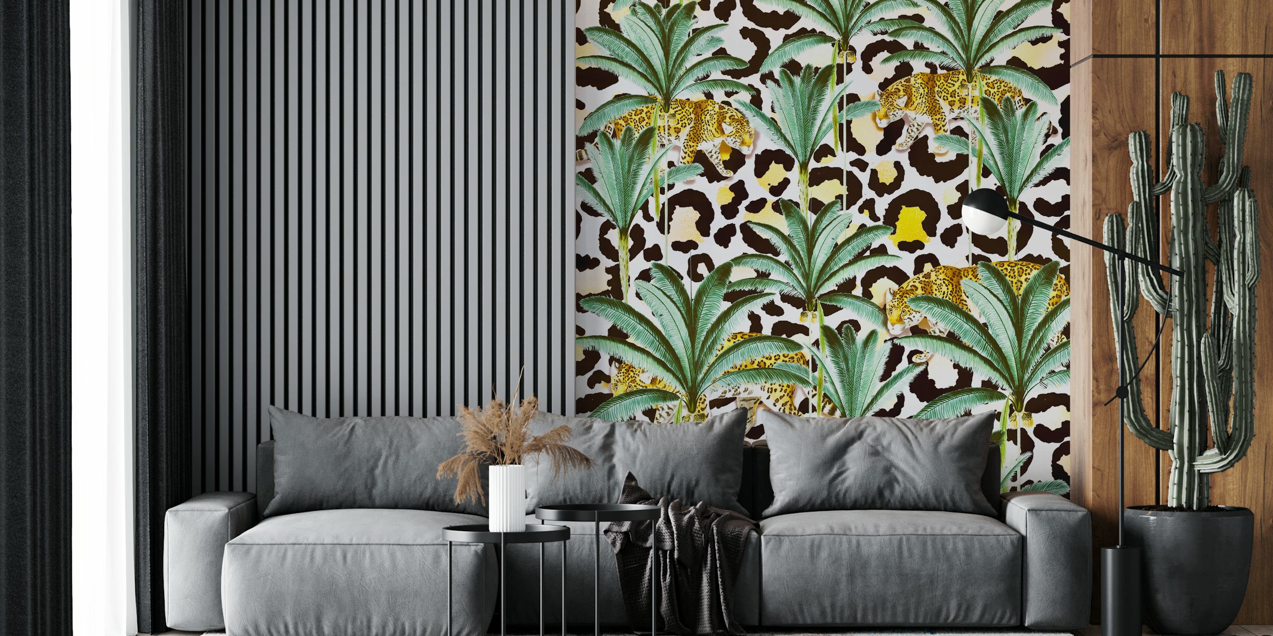Papier peint Jungle Prowl avec imprimé léopard et feuilles de palmier