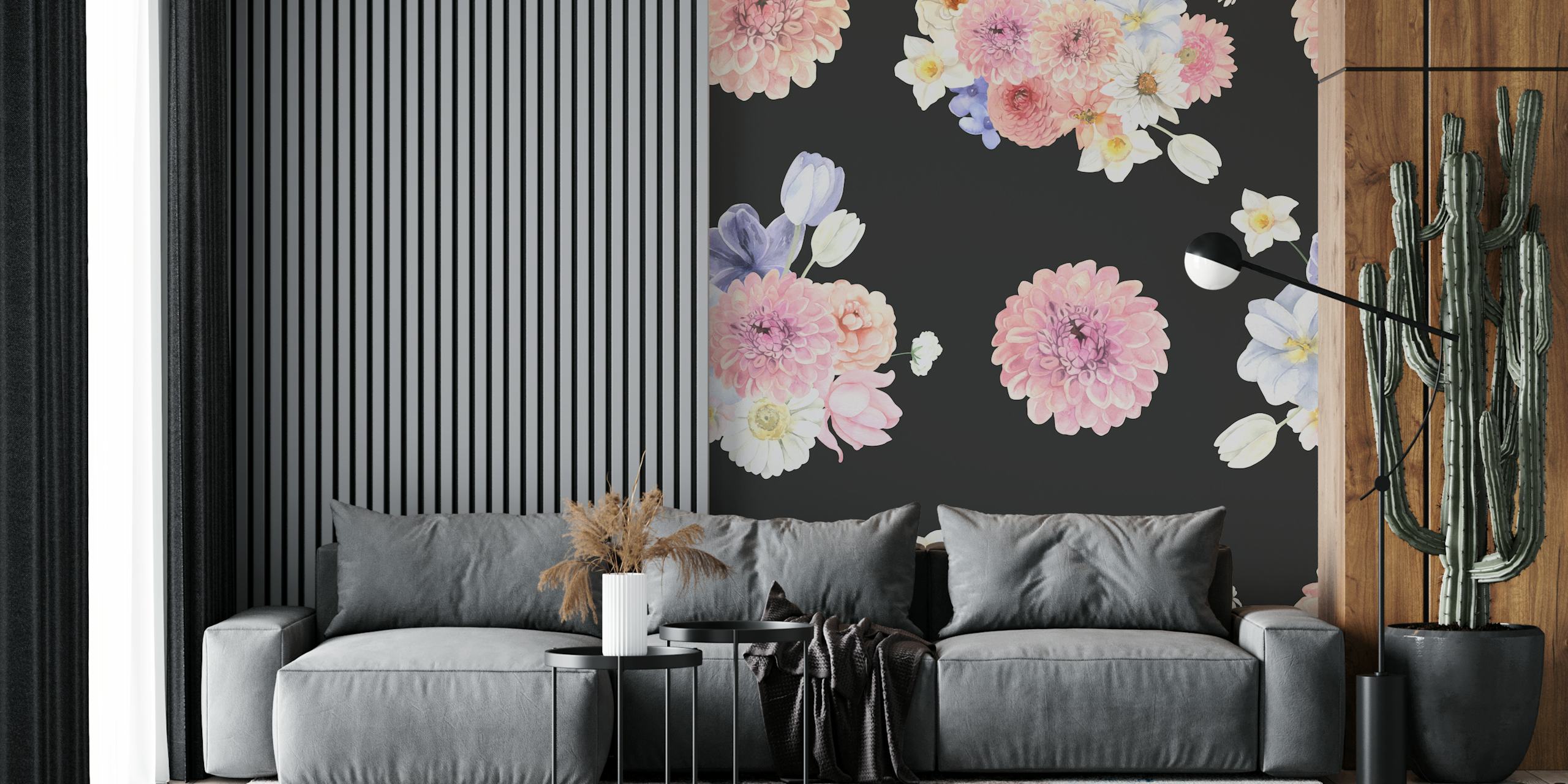 Hand-painted floral wallpaper featuring pink and pastel flowers on black background.