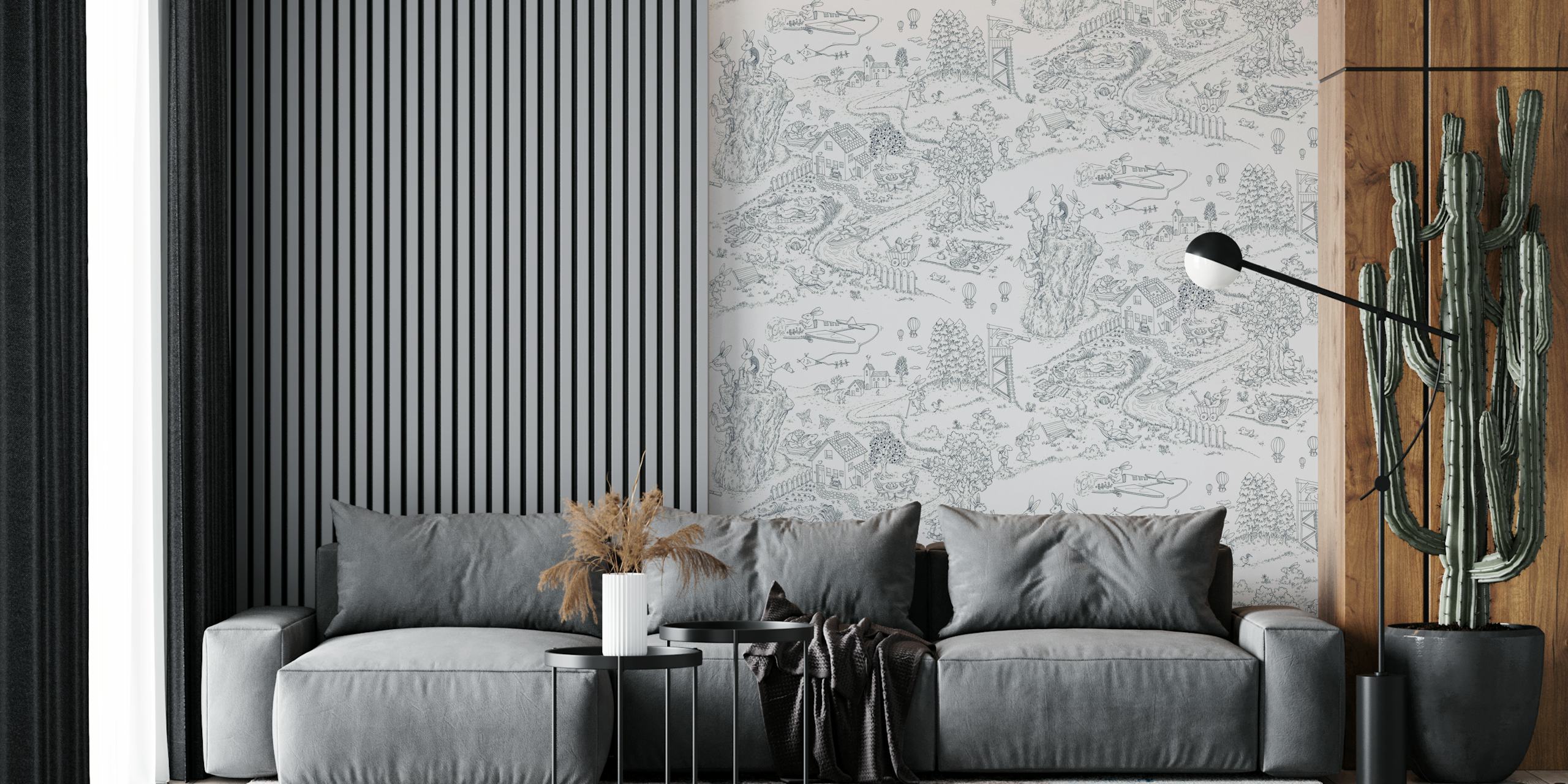 Countryside scene with rabbits, trees, and houses in black outlines on white background wallpaper