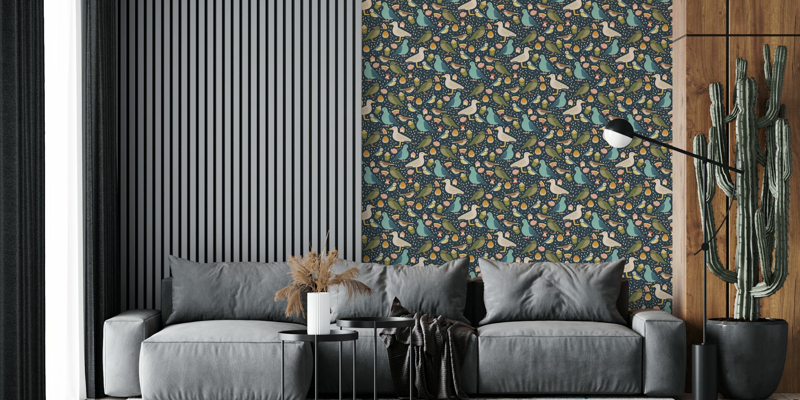 City Birds σε σχέδιο ταπετσαρίας σκούρου μπλε σε δωμάτιο