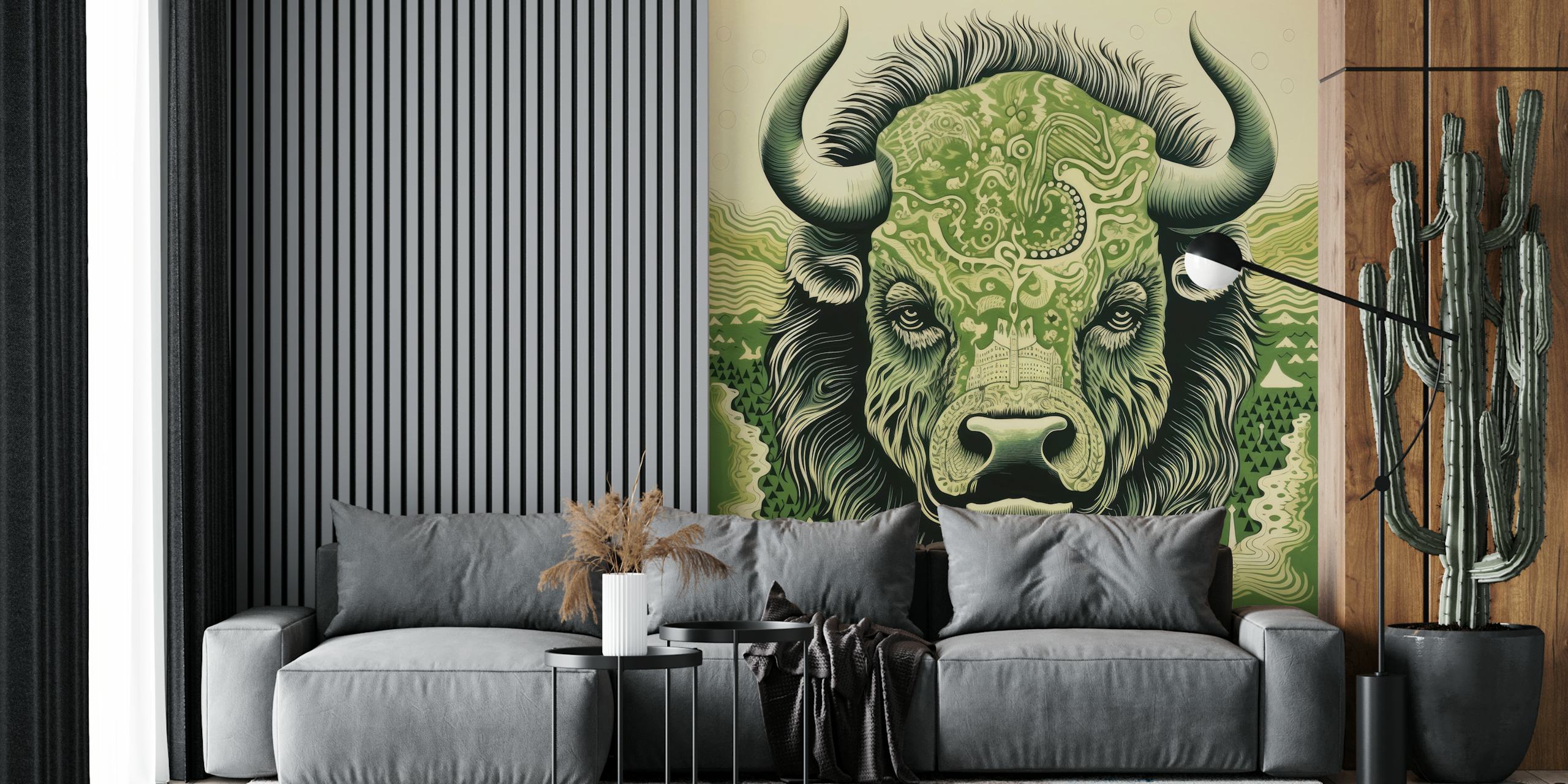 Papel de parede de bisonte verde em um quarto moderno