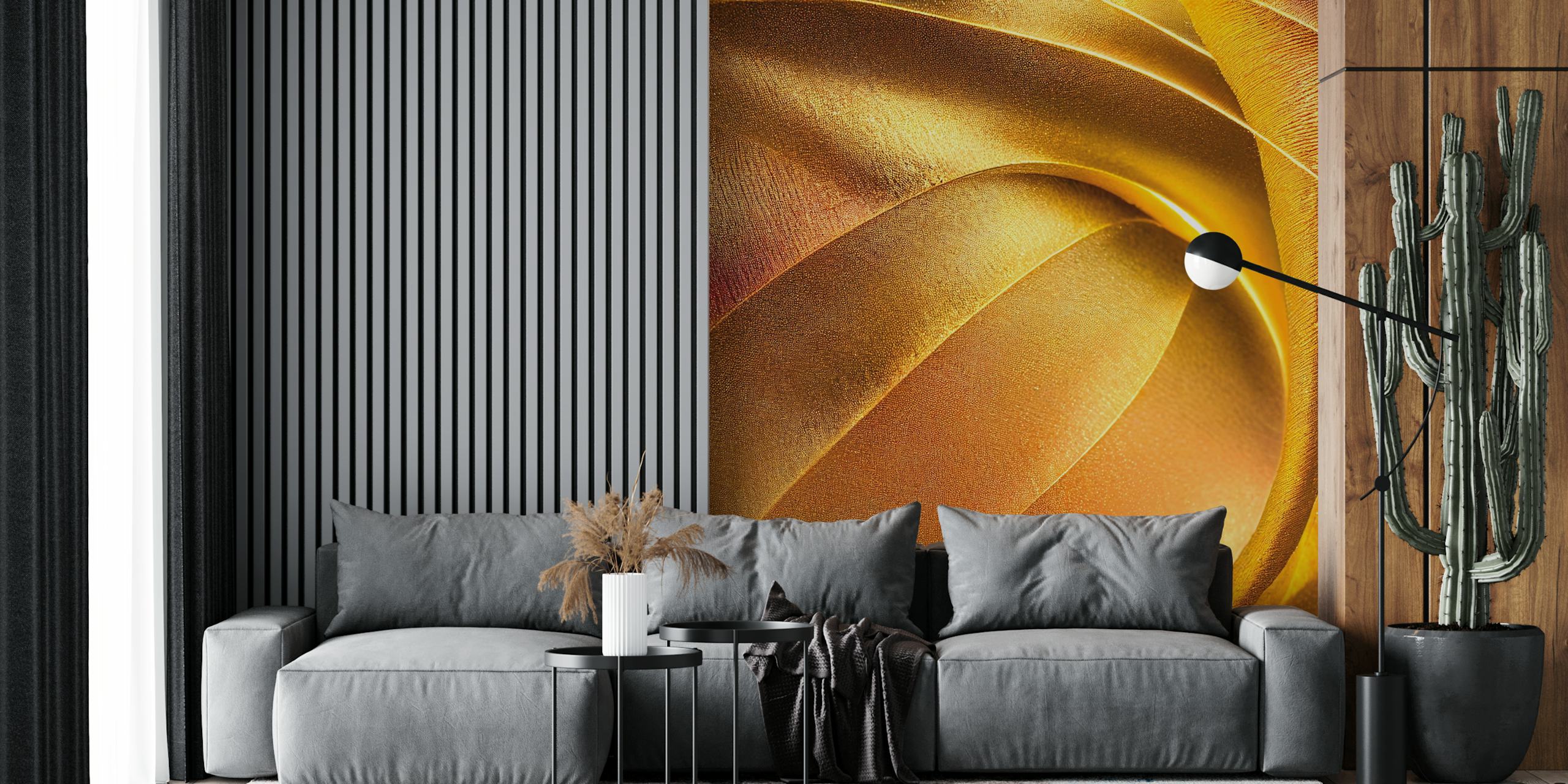Curved, golden satin texture wallpaper with rich tones