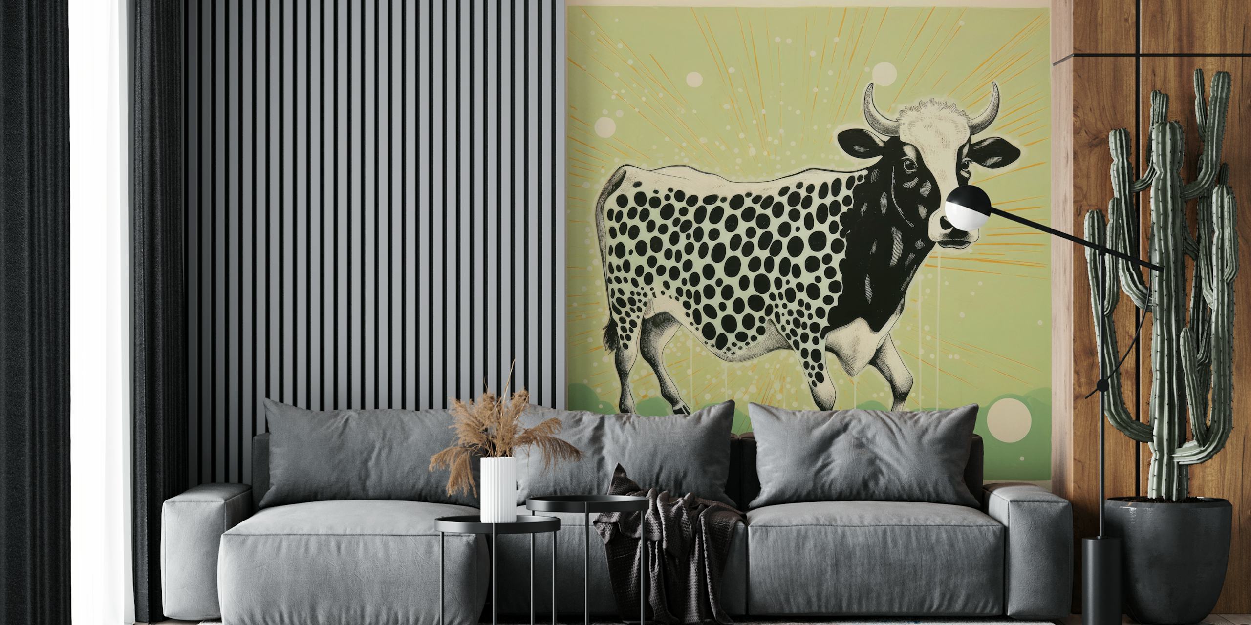 Green cow wallpaper in a styled room