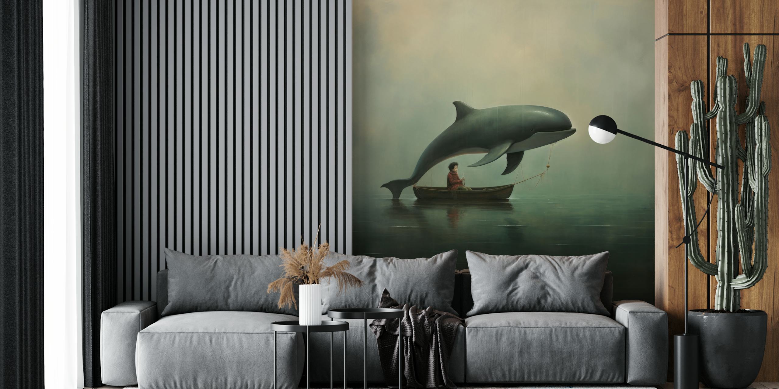 Dolphin leaping above a small boat with a person, muted colors, minimalist wallpaper