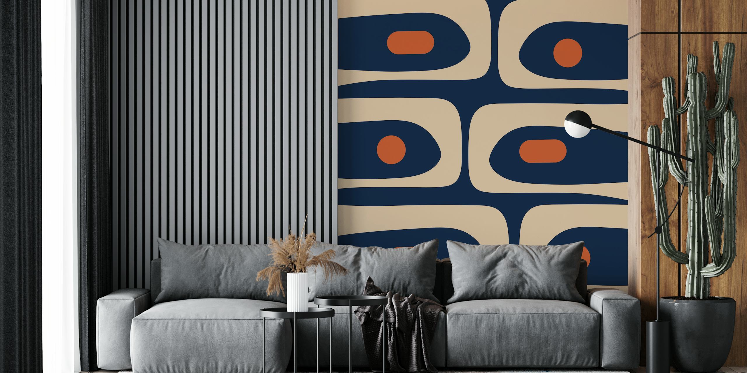 Geometric shapes with navy blue and beige colors in a modern abstract wallpaper