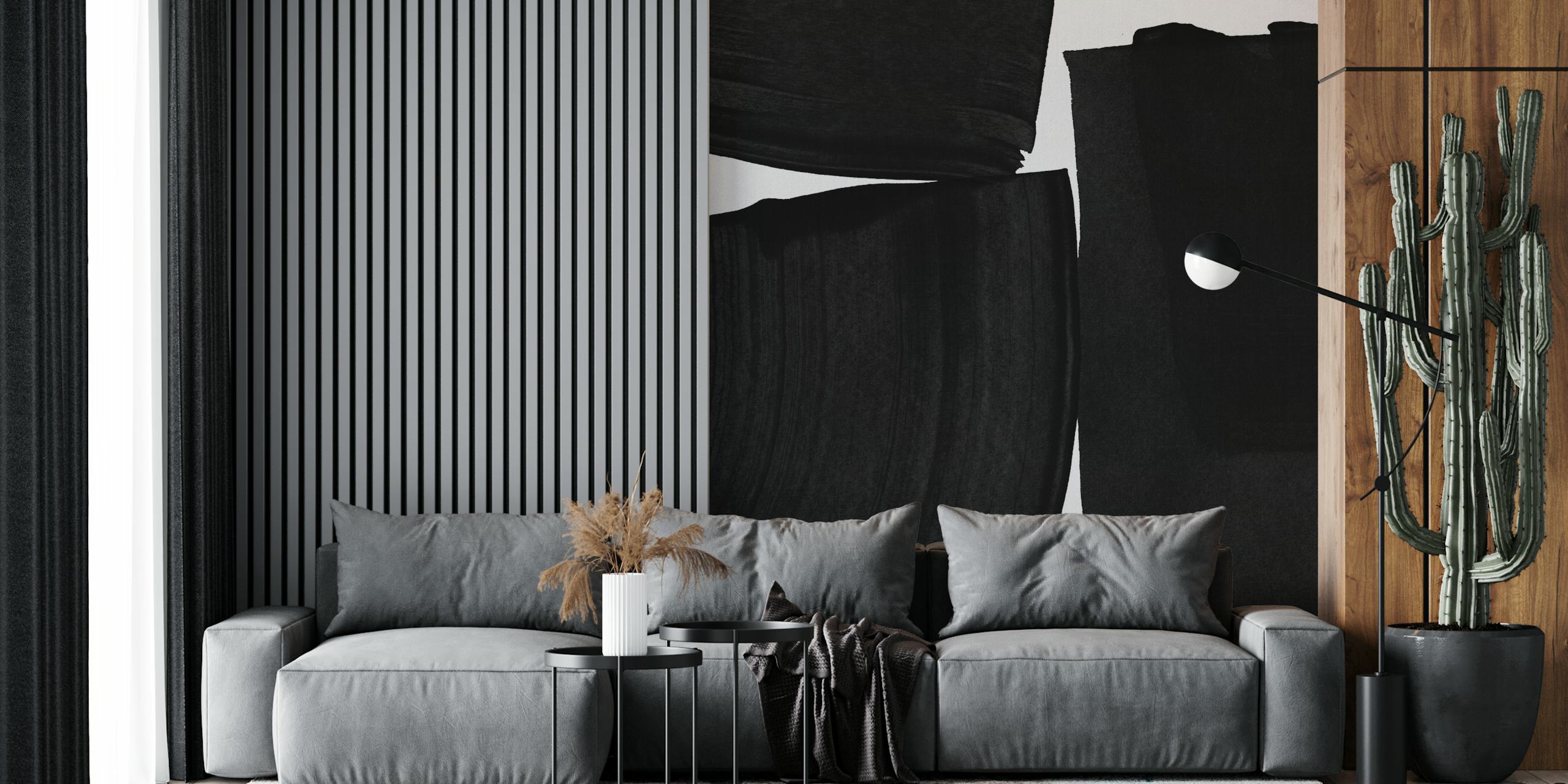 Minimalist black painting wallpaper em um quarto