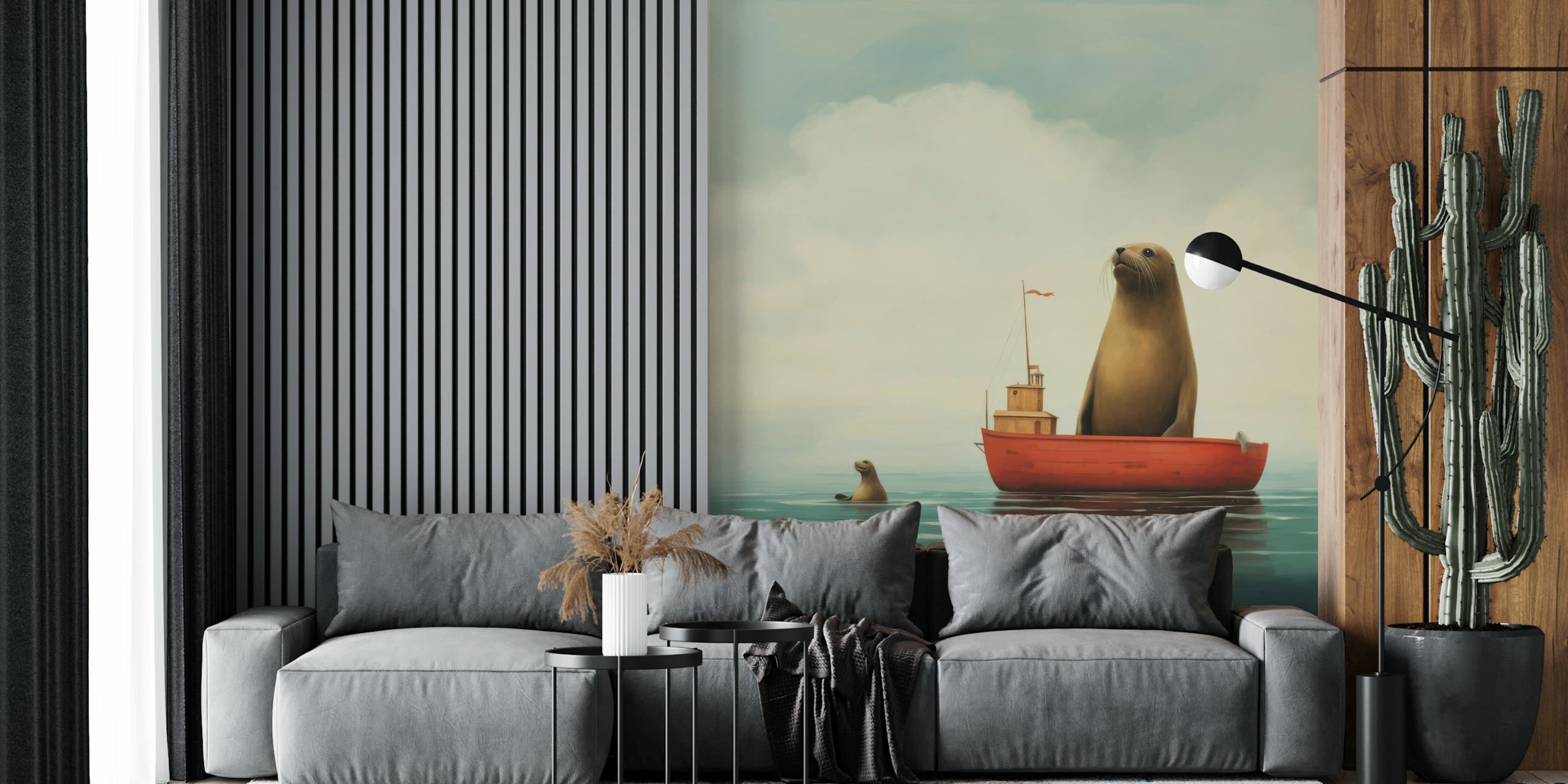 Minimal Sea Lion Voyage wallpaper in a room