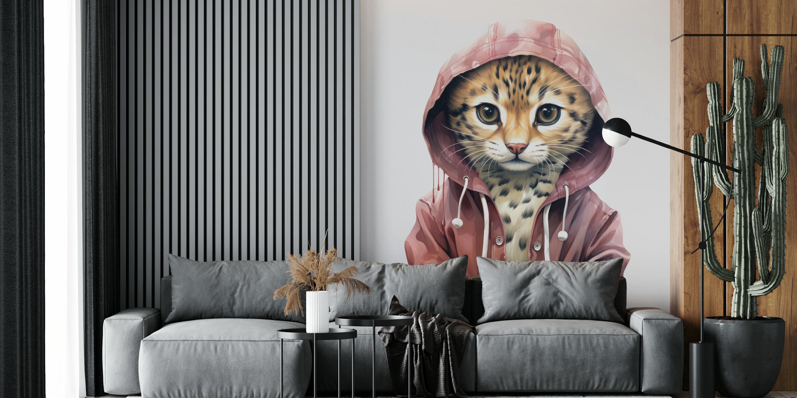 Cartoon ocelot in a pink hoodie wallpaper