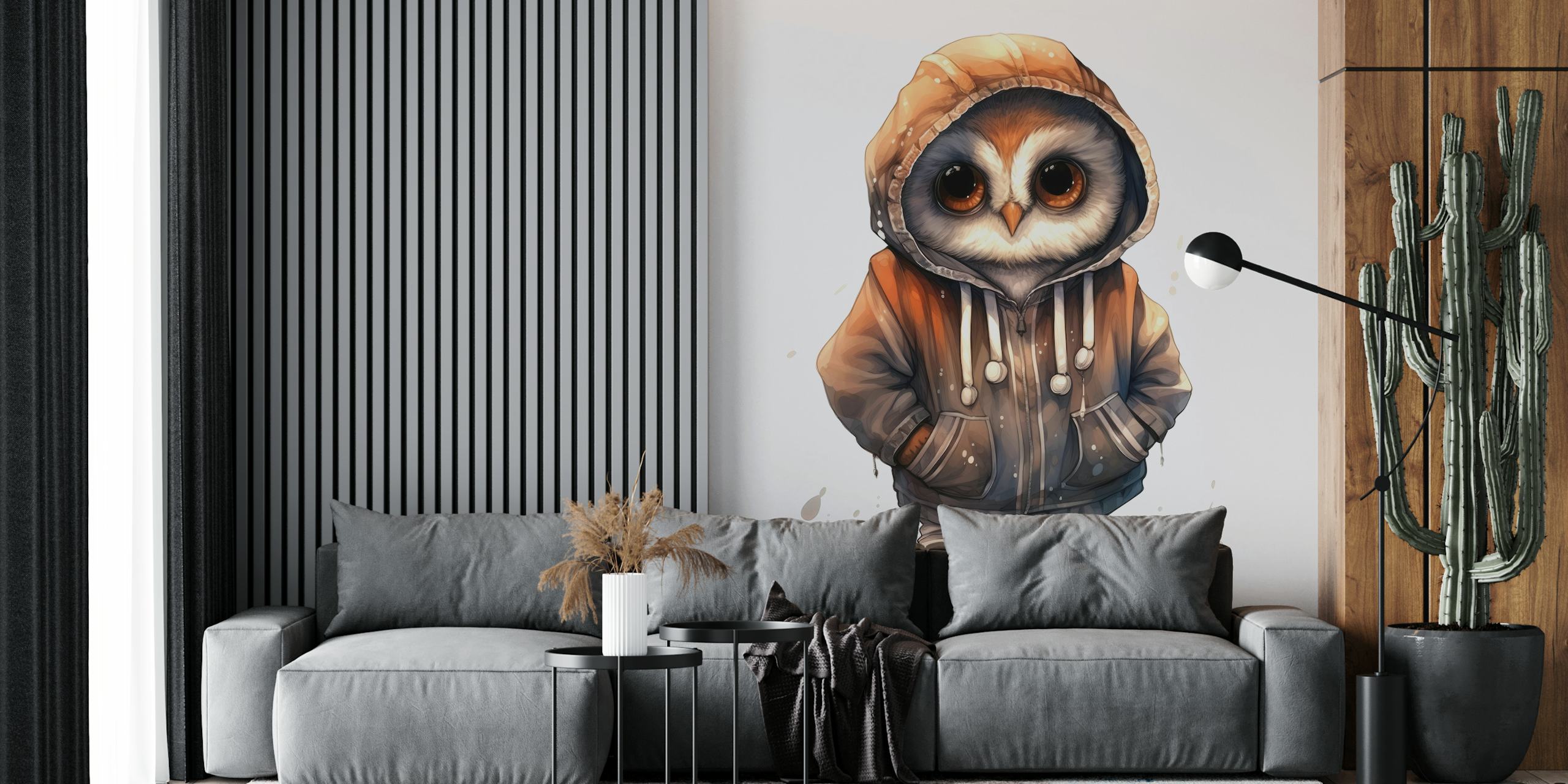 Tapete mit Watercolor Cartoon Owl in a Hoodie