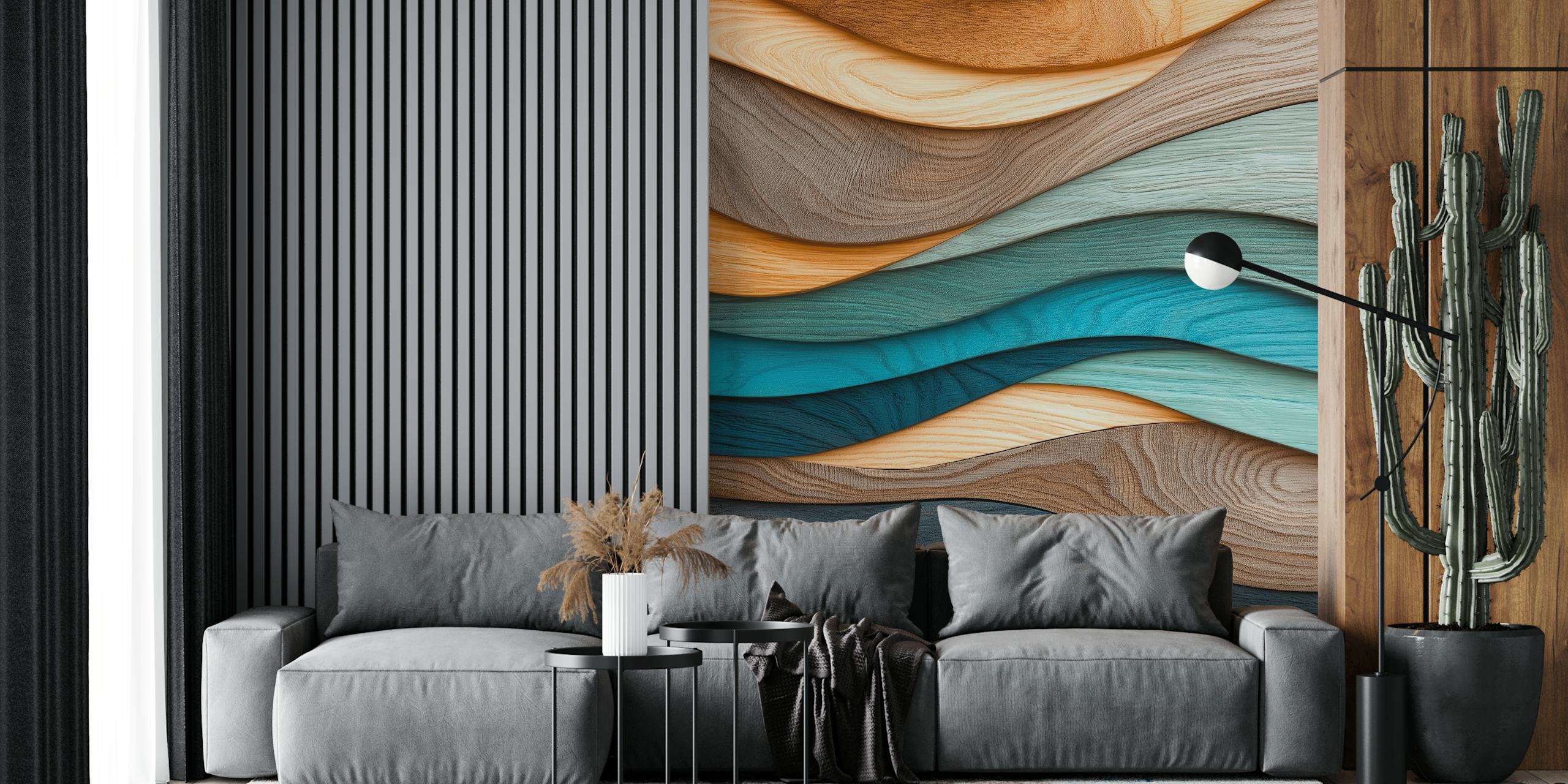 Wavy wood grain in various shades of brown and blue wallpaper