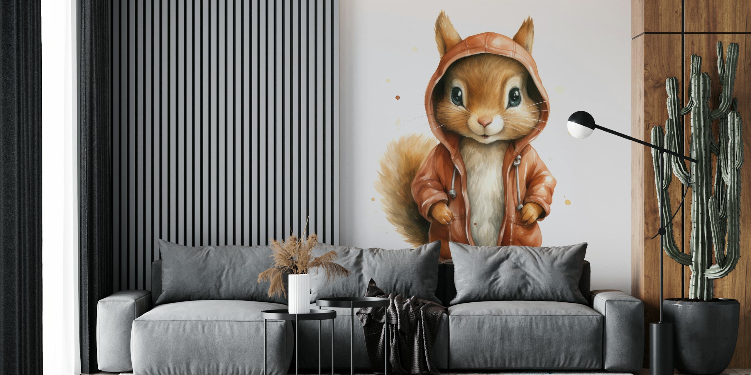 Watercolor cartoon squirrel in a hoodie wallpaper