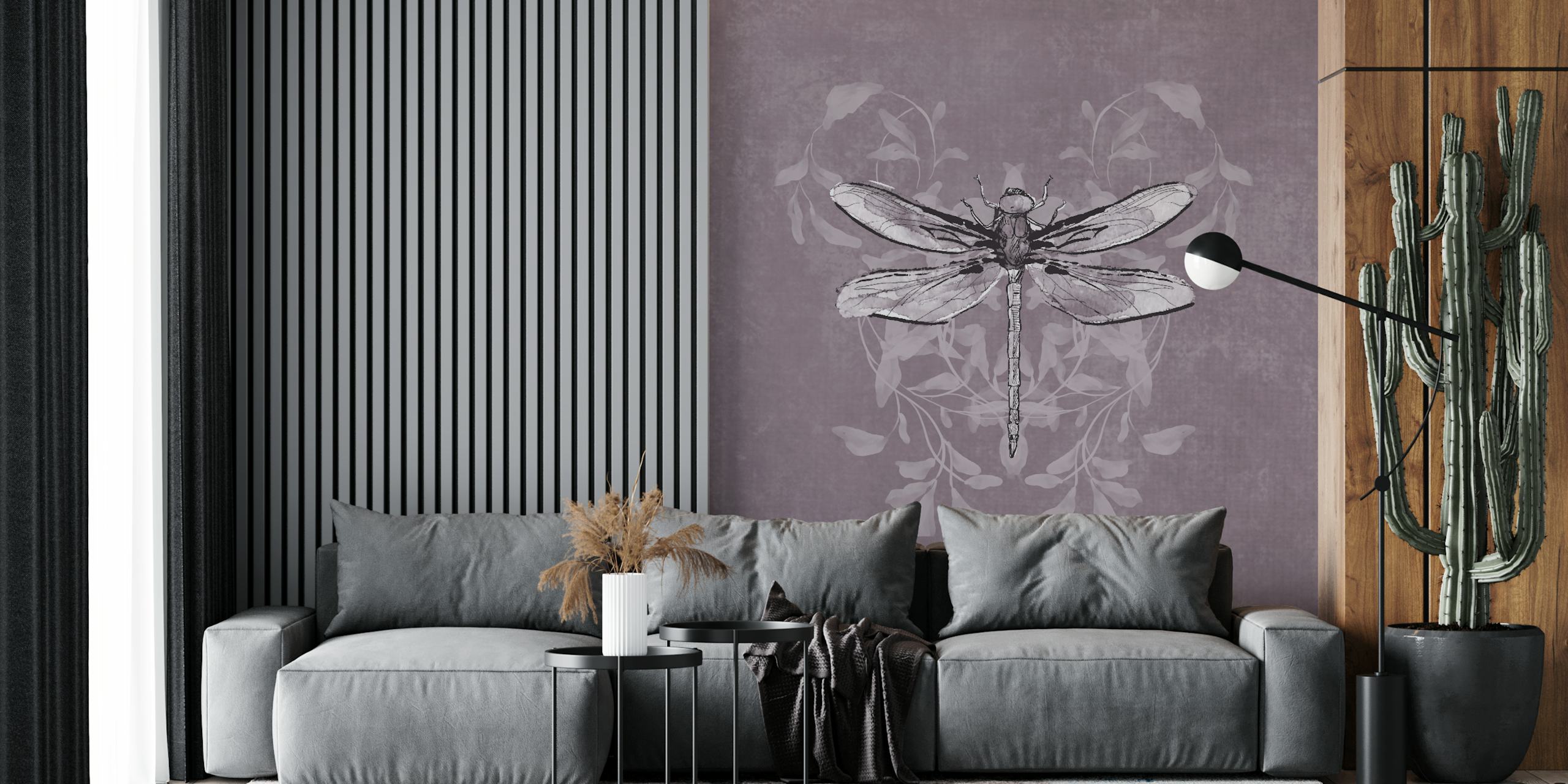 Black and white dragonfly with light floral accents on mauve background wallpaper