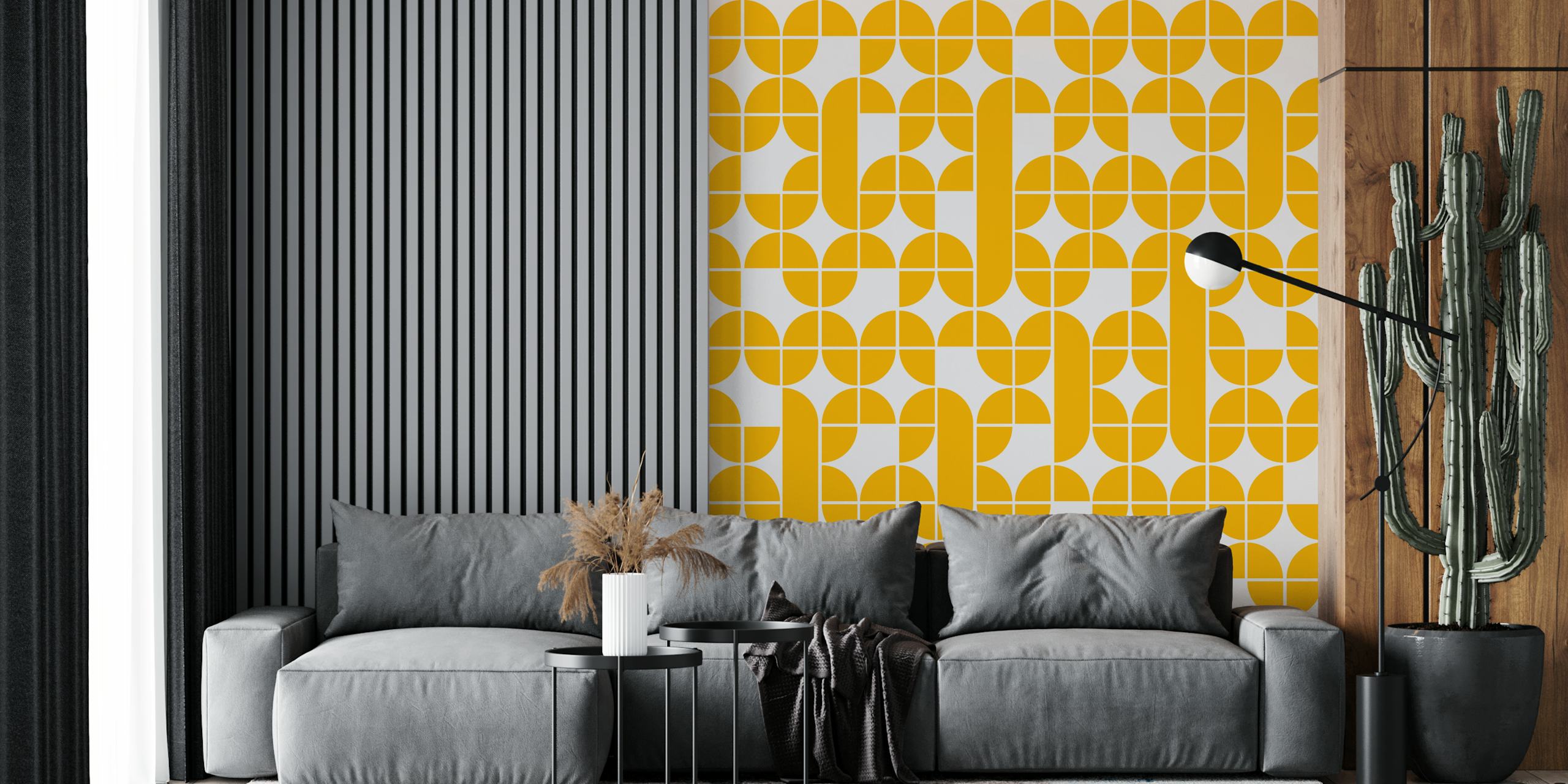 Geometric yellow patterns on white background mid century wallpaper