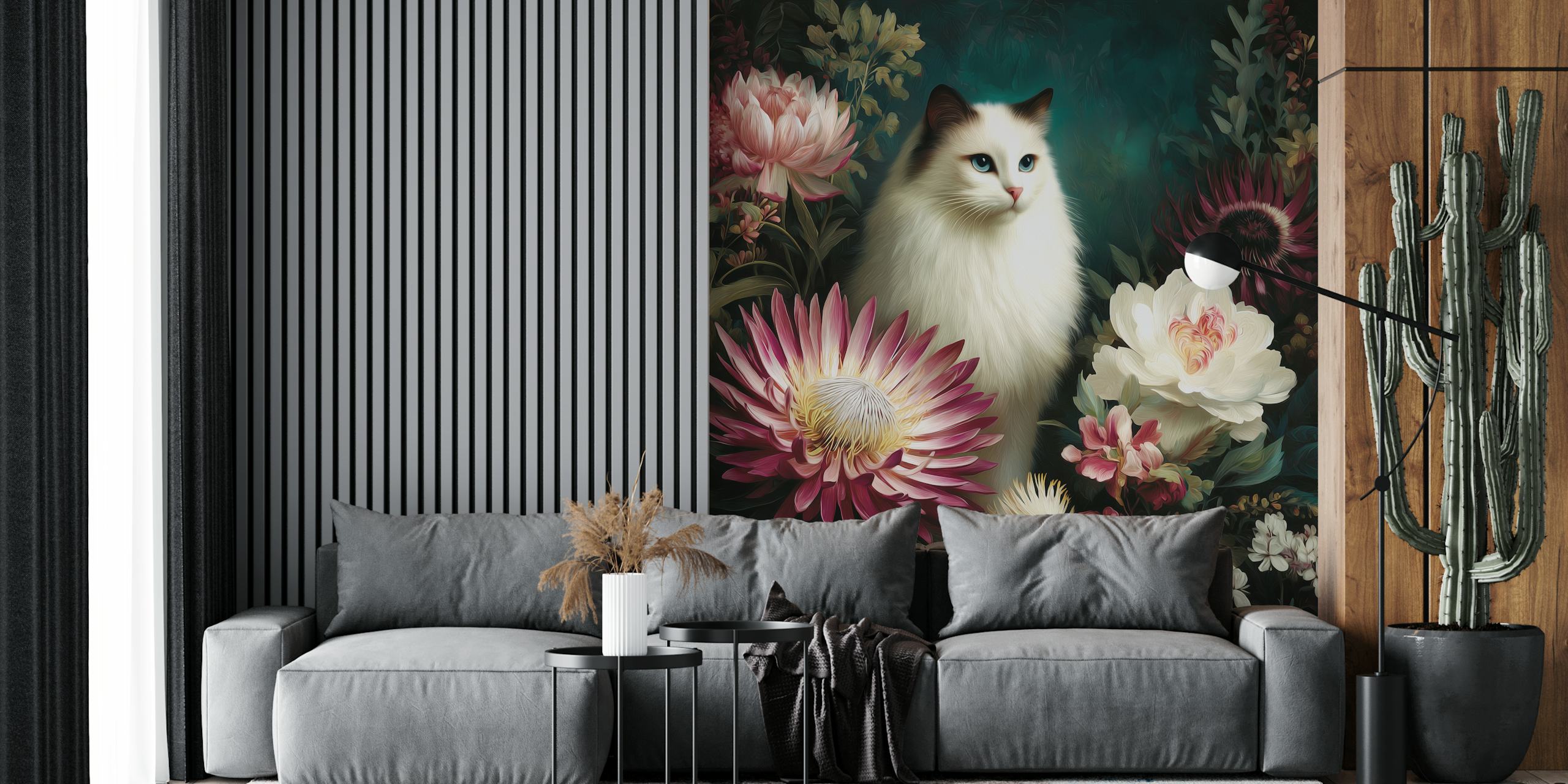 White cat among colorful flowers pink and white floral wallpaper