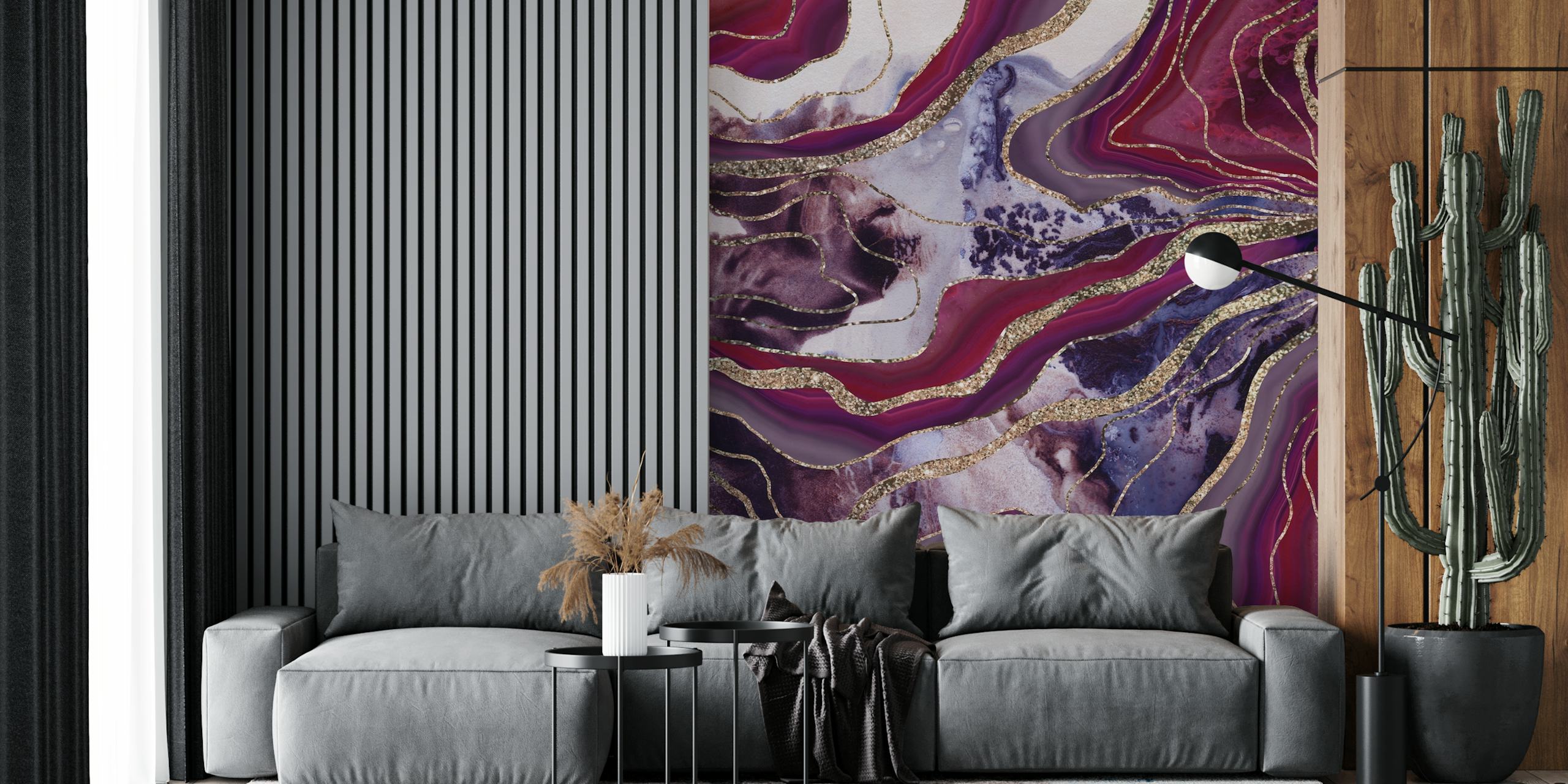 Purple and gold abstract swirls on white background wallpaper