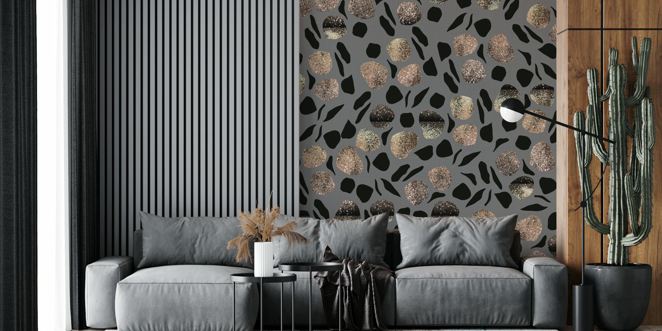 Animal print and glitter patterns in shades of black and gold wallpaper