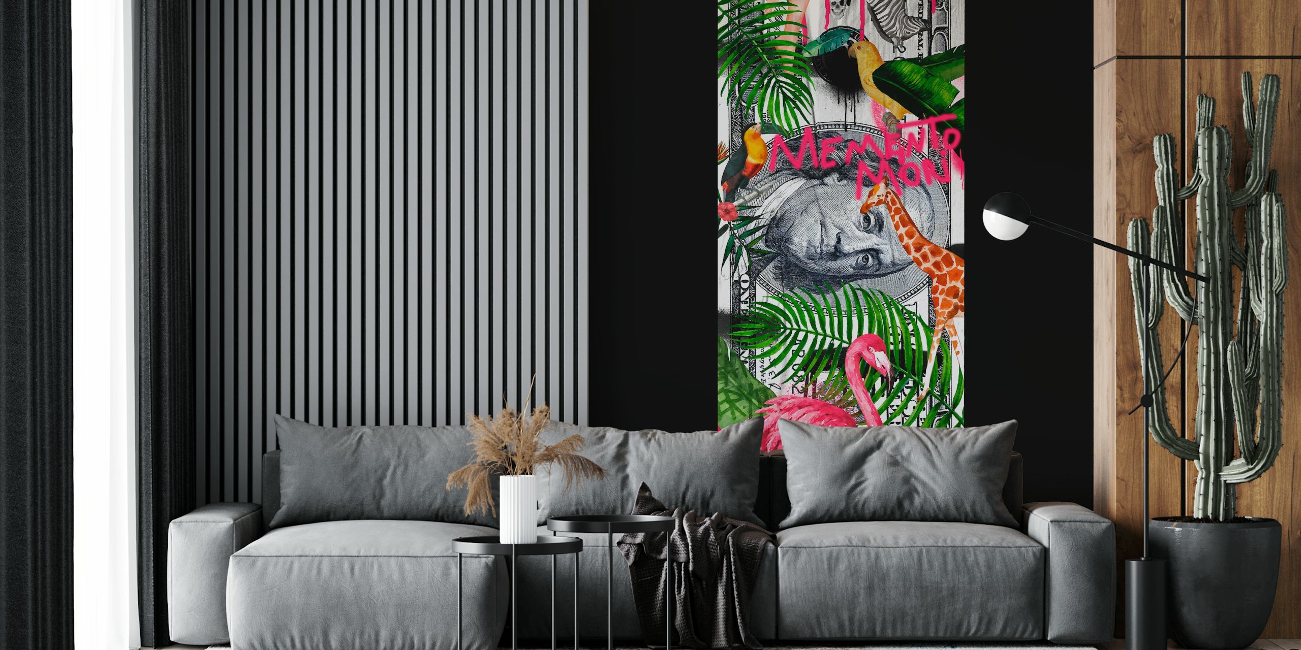 Memento Mori Money-vægmaleri med elefanter, flamingoer, giraffer og tropiske planter på Happywall
