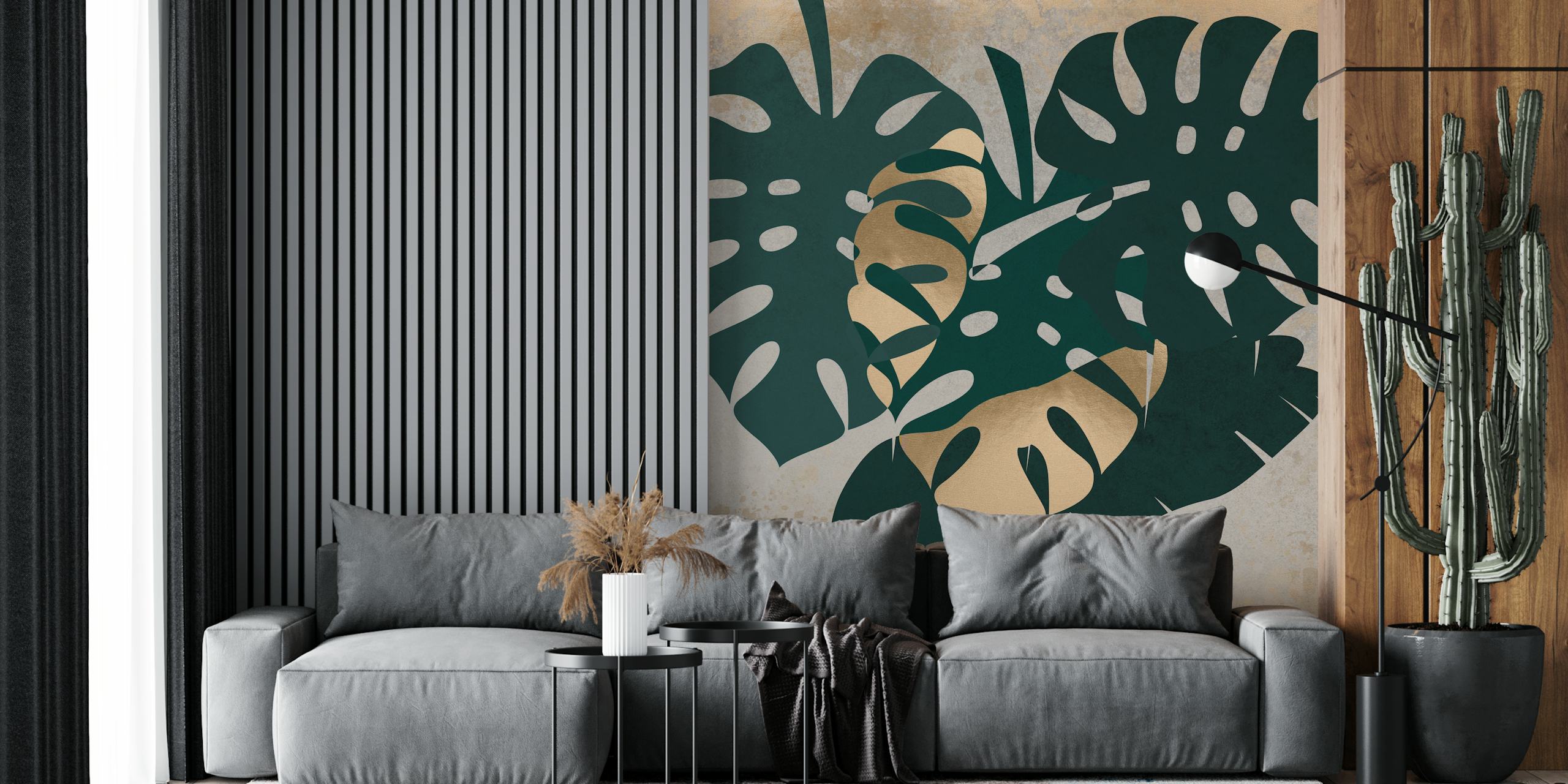 Tropical green leaves on textured gold background wallpaper