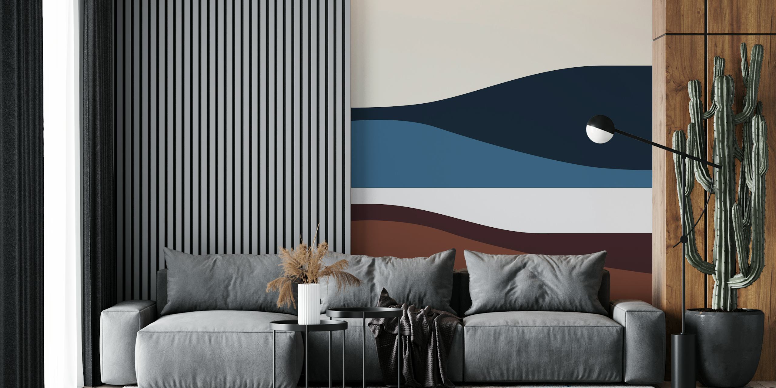Abstract landscape wallpaper with blue, brown, and cream waves.