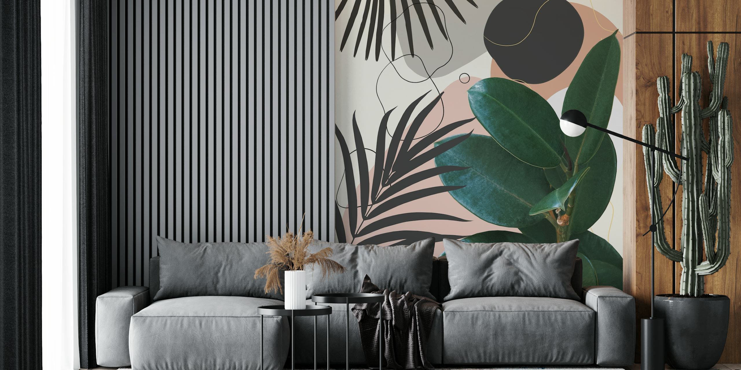 Ficus Elastica and fan palm leaf wall mural with pastel pink and neutral tones