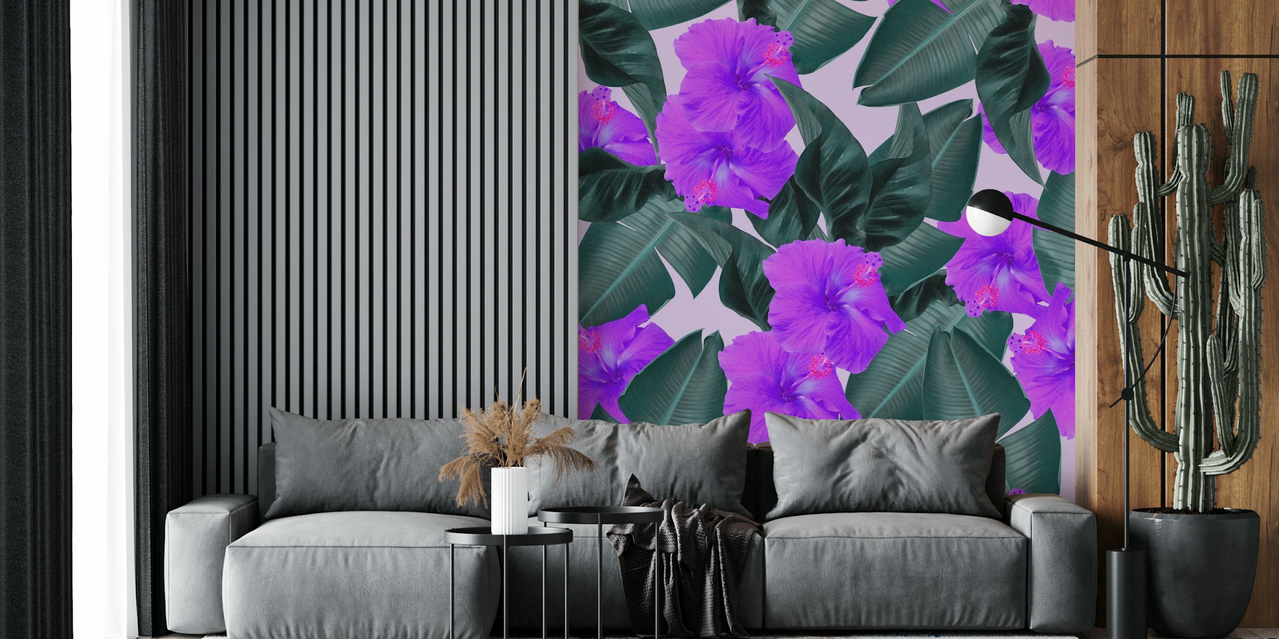 Tropical hibiscus flowers and large green leaves wallpaper