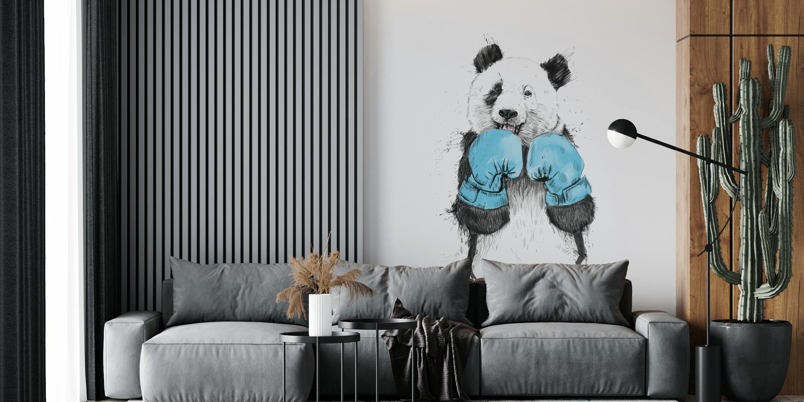 Panda wearing blue boxing gloves, cartoon style wallpaper