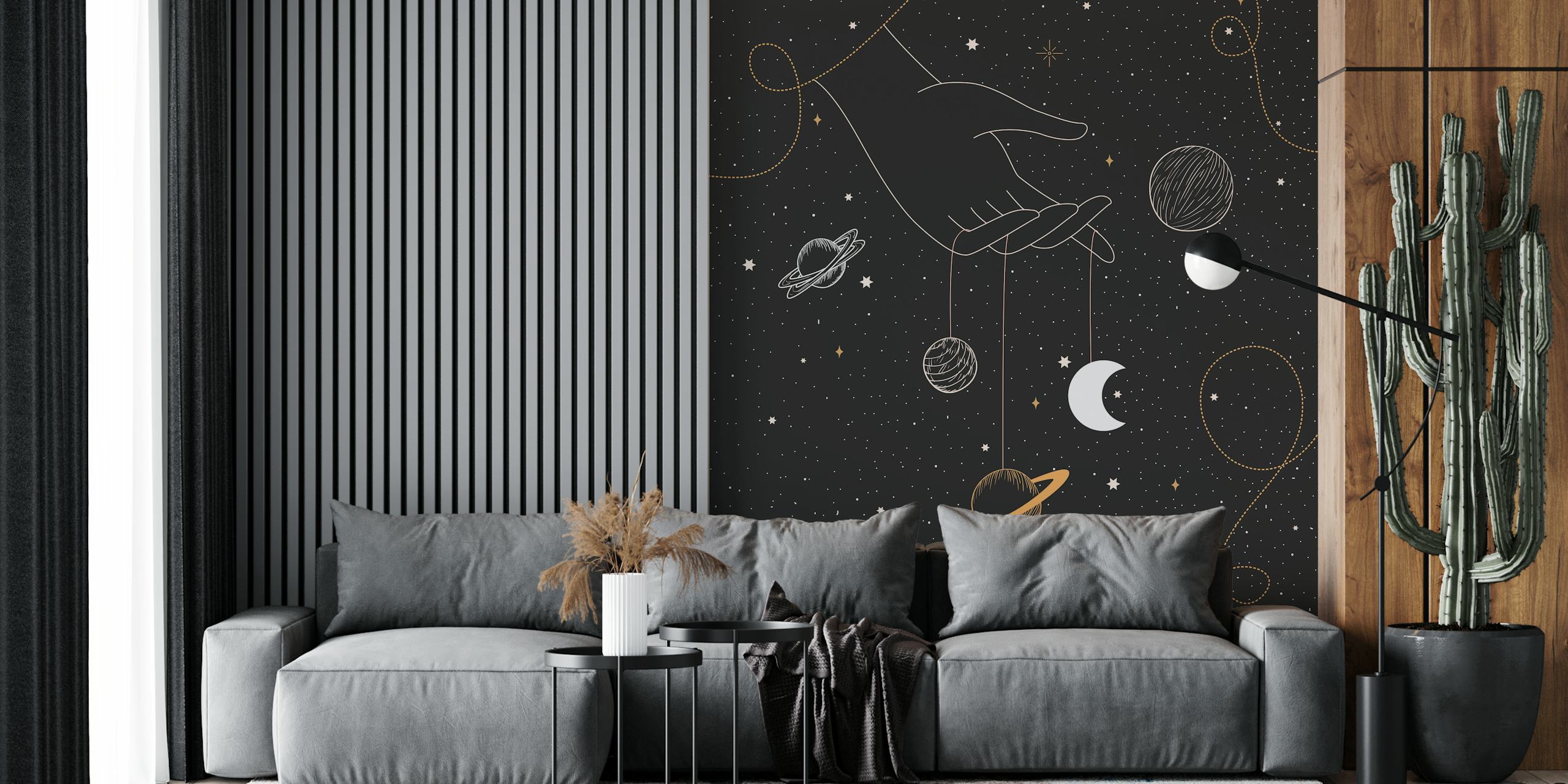 Hand holding planets and moon on a starry black background wallpaper