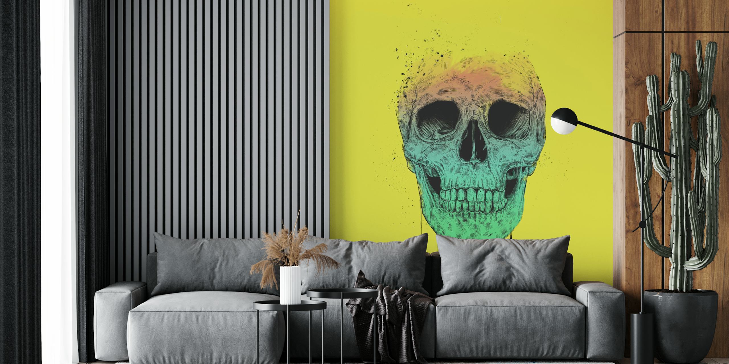 Colorful pop art skull illustration on bright yellow background wallpaper