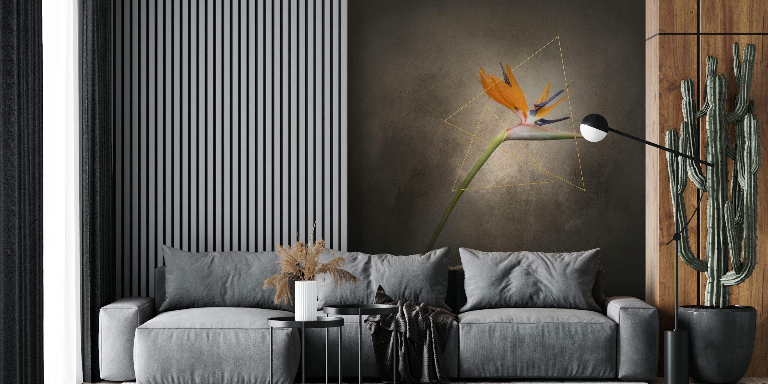 Strelitzia flower with orange and green colors on textured background wallpaper