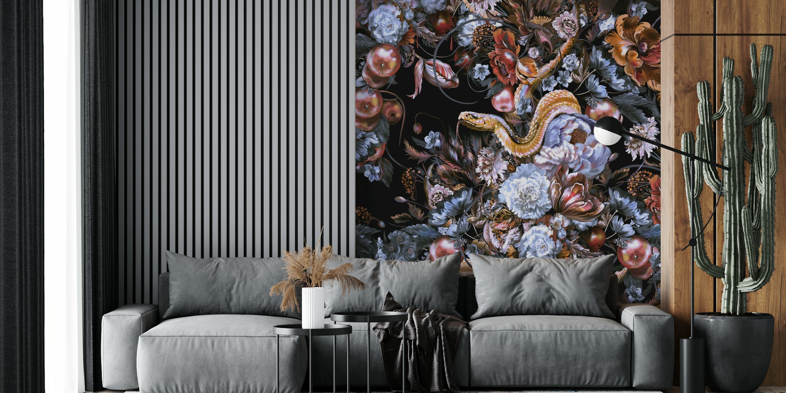 Colorful snake and floral patterns on black background wallpaper