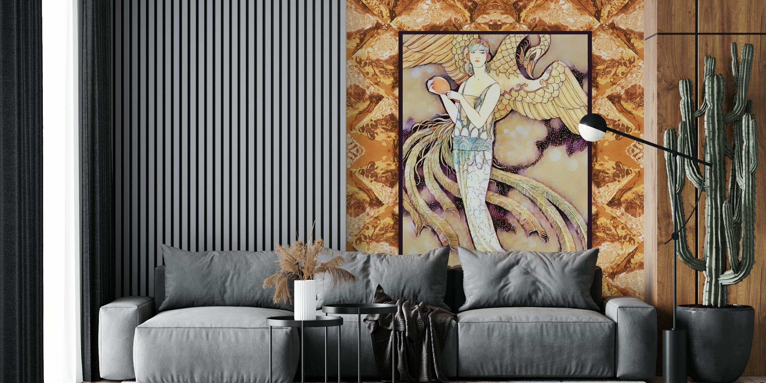 Art Deco patterned wallpaper with golden tones and intricate designs